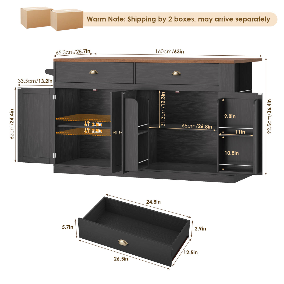 Hiphuta 63" Large Kitchen Island Cart with Storage, Rolling Island Table with Adjustable Shelves and 4 Drawers, Movable Buffet Cabinet for Dining room, Black