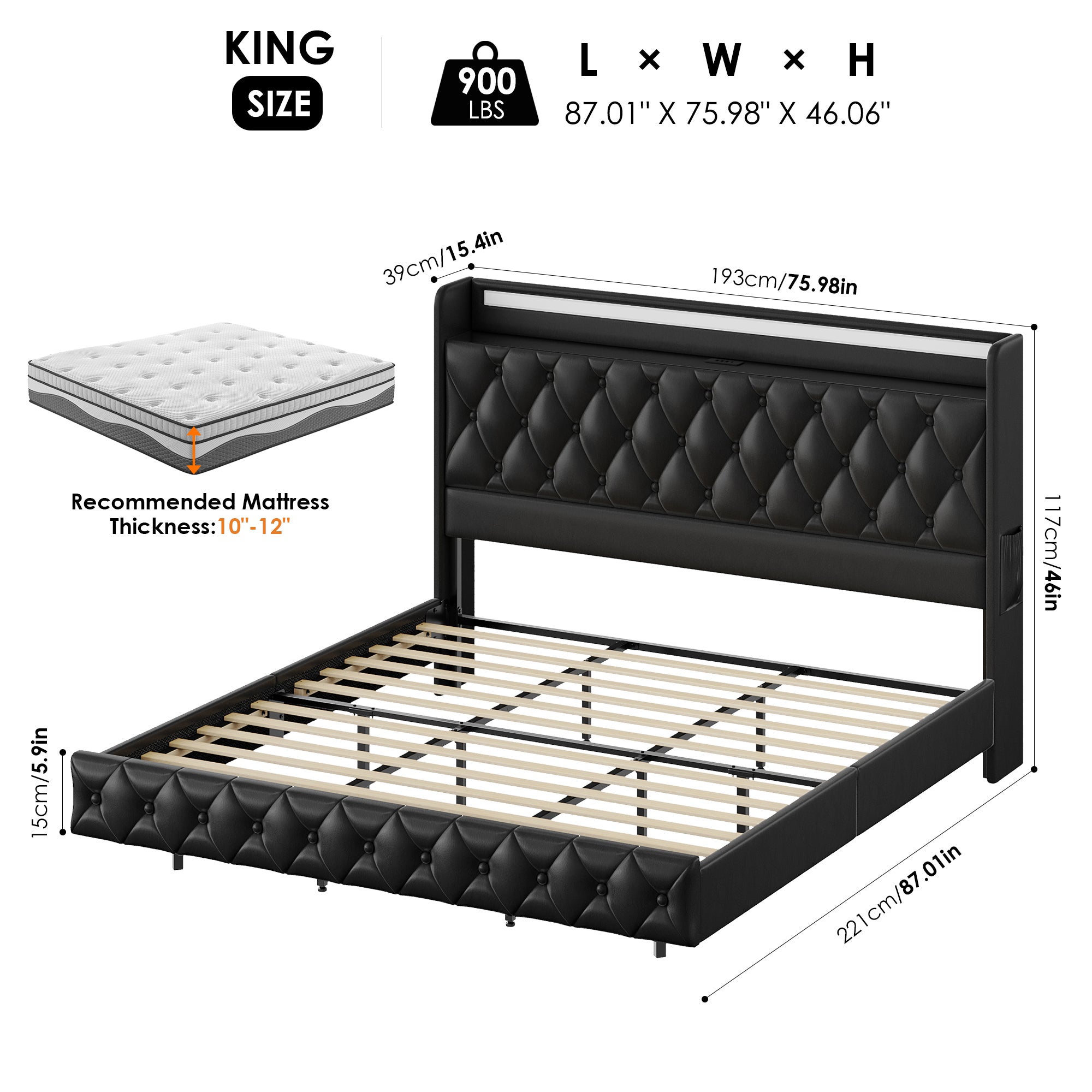 Hiphuta King Size Floating Bed Frame with LED Lights, Faux PU Leather Platform Bed with Charging Station & Button Tufted Headboard Storage, No Box Spring Needed, Black