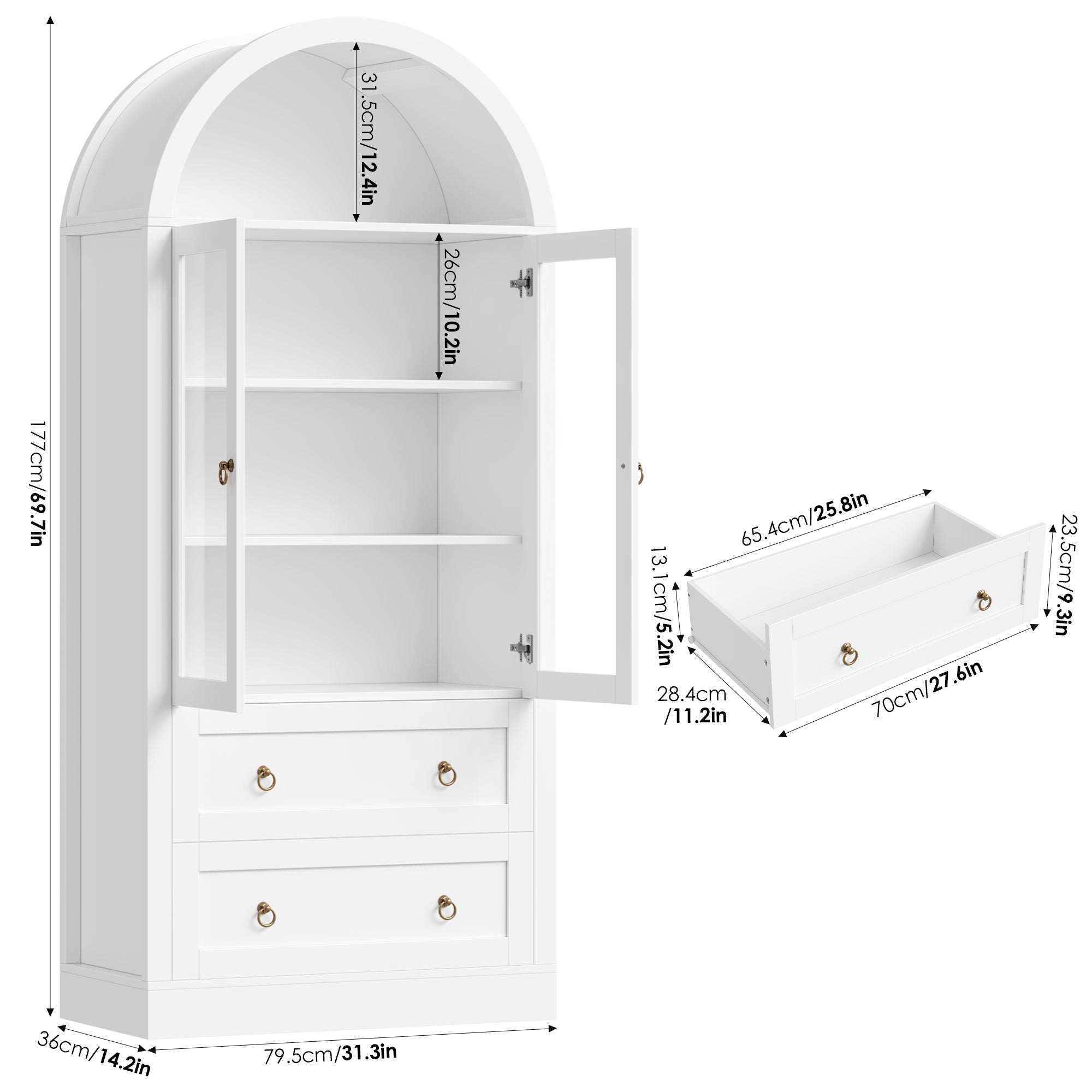 Hiphuta 70" Tall Arched Kitchen Pantry Storage Cabinet with 2 Large Drawers, Freestanding Modern Farmhouse Versatile Hutch Cupboard for Dining Room, White