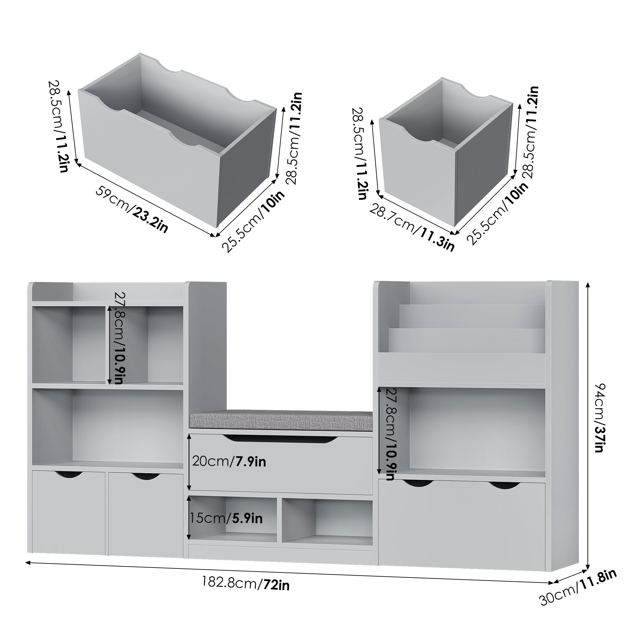 Hiphuta 72"Wide Kids Bookshelf with Reading Nook and Under Bench Storage, Kids Bookcase with Toy Organizer & Book Rack for Kids, Gray