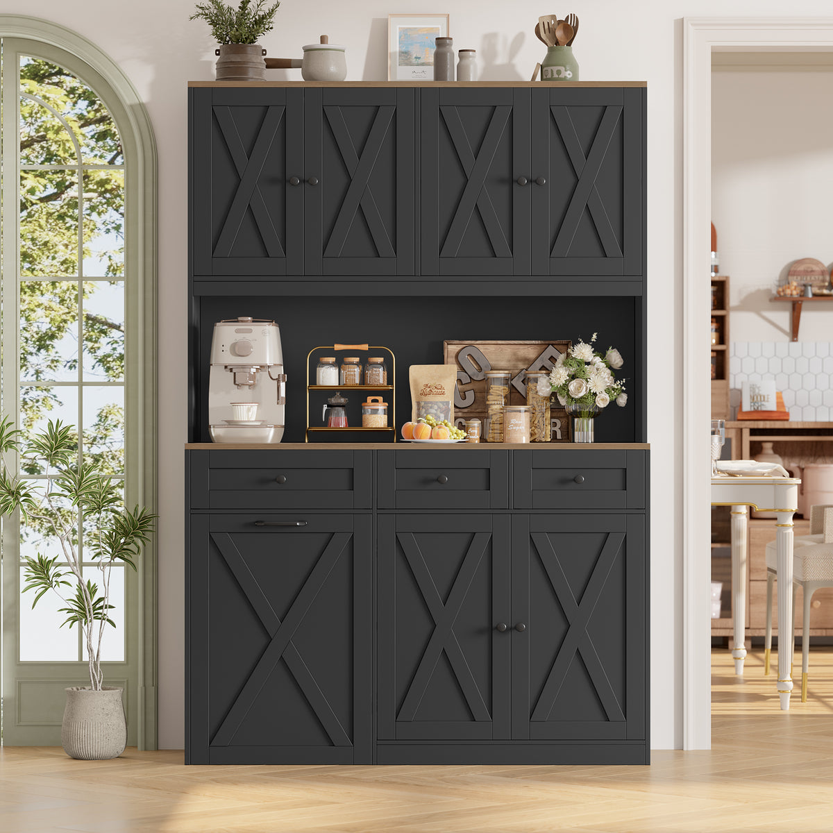 Hiphuta 73” Tall Kitchen Pantry Cabinet Fits 13 Gallon Trash Can Cabinet, Farmhouse Kitchen Storage Hutch with Pull Out Trash Can Storage for Dining Room Living Room, Black