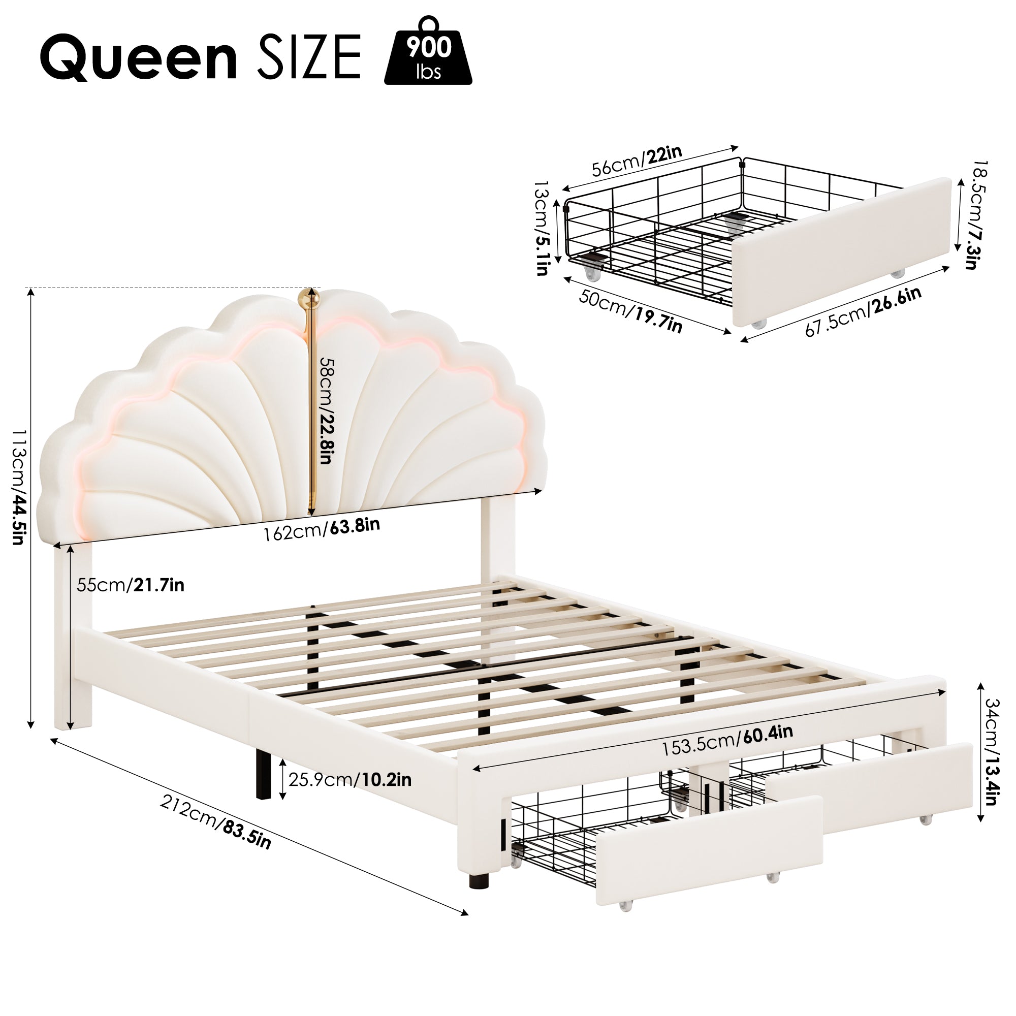 Hiphuta Kids LED Queen Bed with 2 Drawers, LED Lights Platform Bed Frame with Upholstered Tufted Headboard, No Box Spring Needed, Velvet White