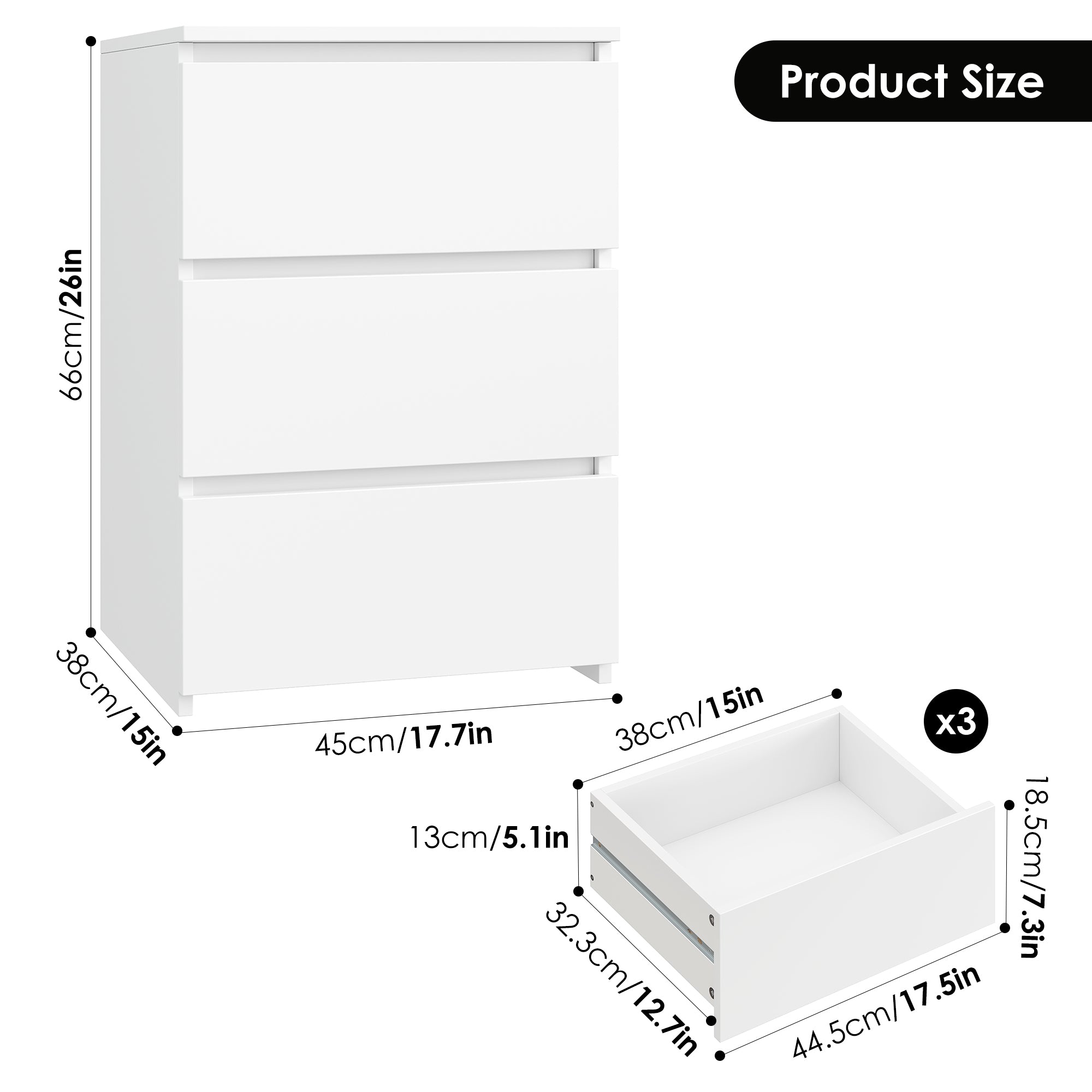 Hiphuta 3 Drawers Nightstand with 2 Outlets & 2 USB Port, Wooden Nightstand for Bedroom, White