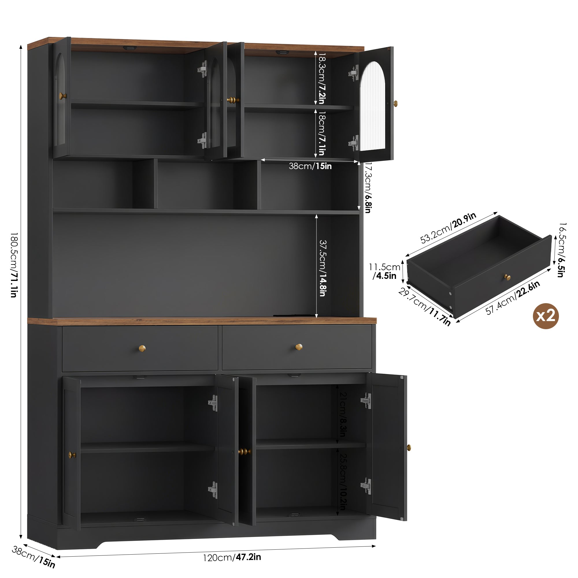 Hiphuta 71" Tall Pantry Cabinet with Arched Glass Doors, 47" Wide Kitchen Storage Cabinet with Microwave Stand & Charging Station, Hutch Cupboard for Kitchen Dining Room, Black