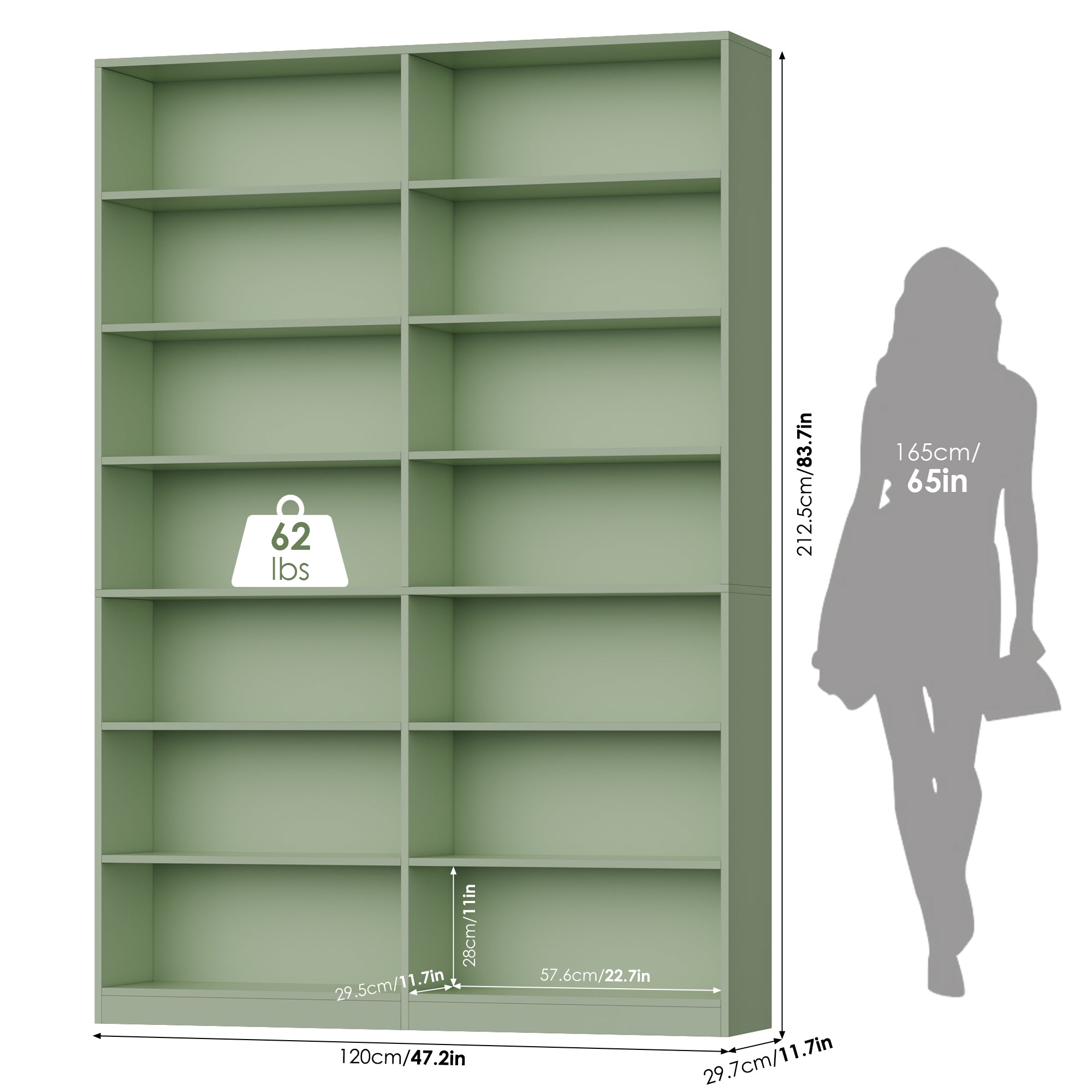 Hiphuta 83.6"H x 47.2"W Wood Double 7-Tier Standard Bookcase, Tall Bookcase for Bedroom, Living Room and Office, Freestanding Display Storage Shelves, Green