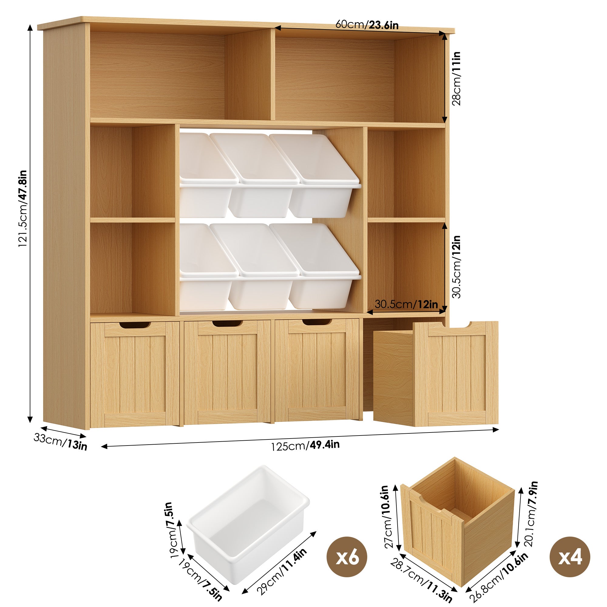 Hiphuta Large 4 Tier Kids Bookcase, Wood Toy Organizer of 6 Boxes & 4 Removable Drawers, Bookshelf for Kids Room Classroom, Natural