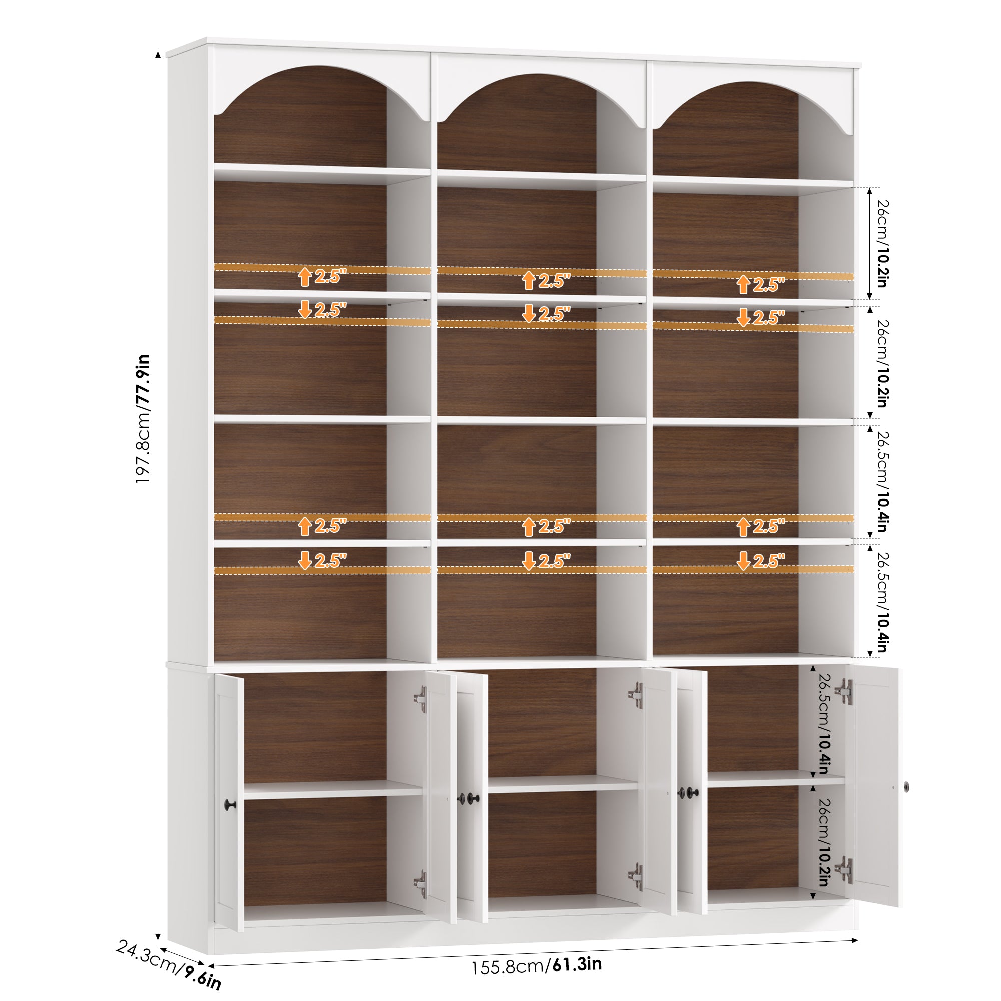 Hiphuta 78" Tall Triple Wide Bookcase with 6 Adjustable Shelves, Large Arched Book Shelf with 15 Cubes and 6 Doors, for Home Office Living Room, White & Walnut