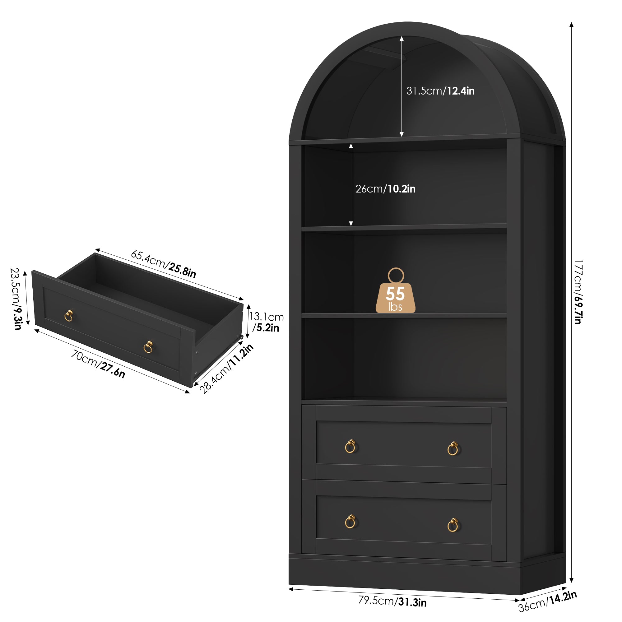 Hiphuta 70"Tall Arched Bookshelf, 4-Tier Bookcase with 2 Large Drawers, Wooden Display Shelf with Storage for Living Room Home Office, Black
