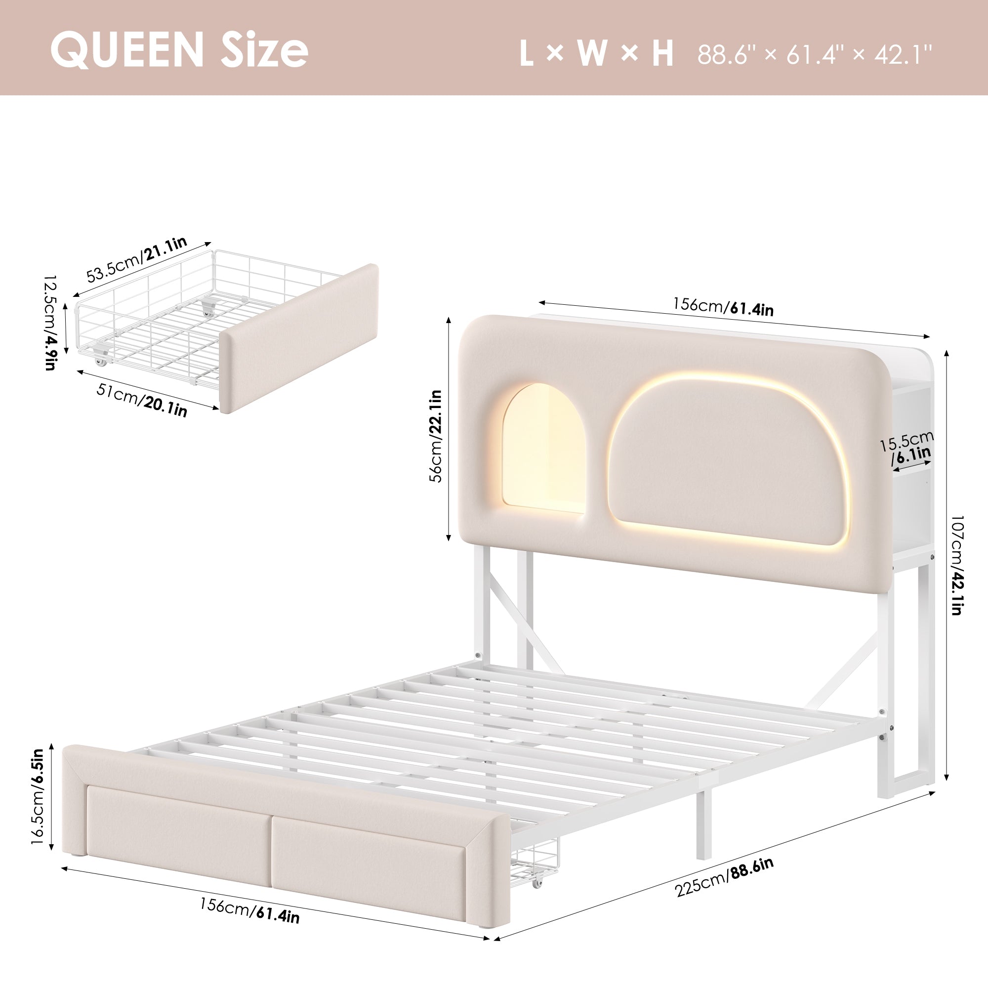 Hiphuta Queen Size Bed Frame with RGB LED and Power Outlets, Velvet Upholstered Platform Bed with Drawers and Side Storage, White