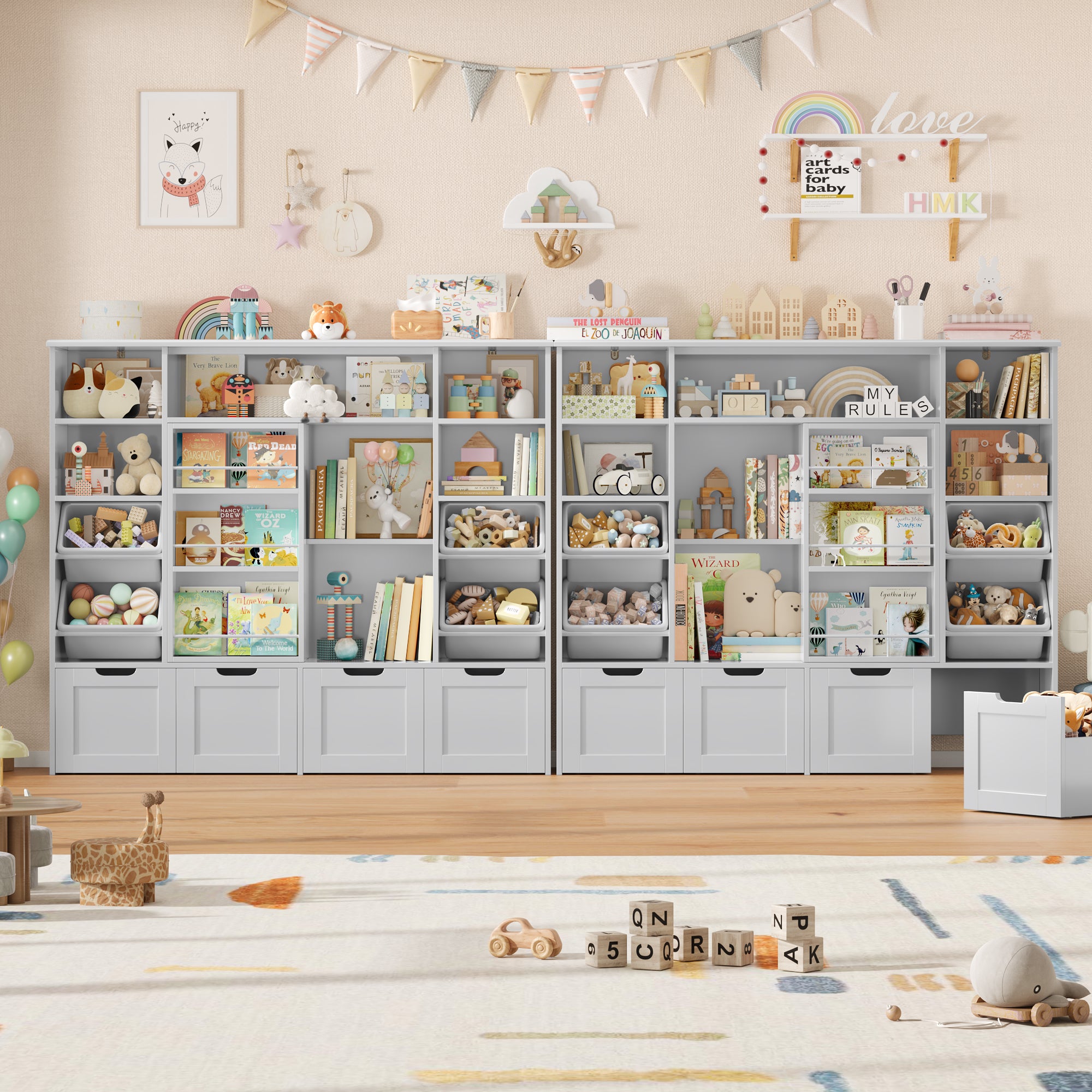 Hiphuta Kid Toy Storage with Bookshelf, Kid Toy Organizer with 4 Removable Drawers, Kid Bookcases with Toy Box for Kid Bedroom Playroom, Gray