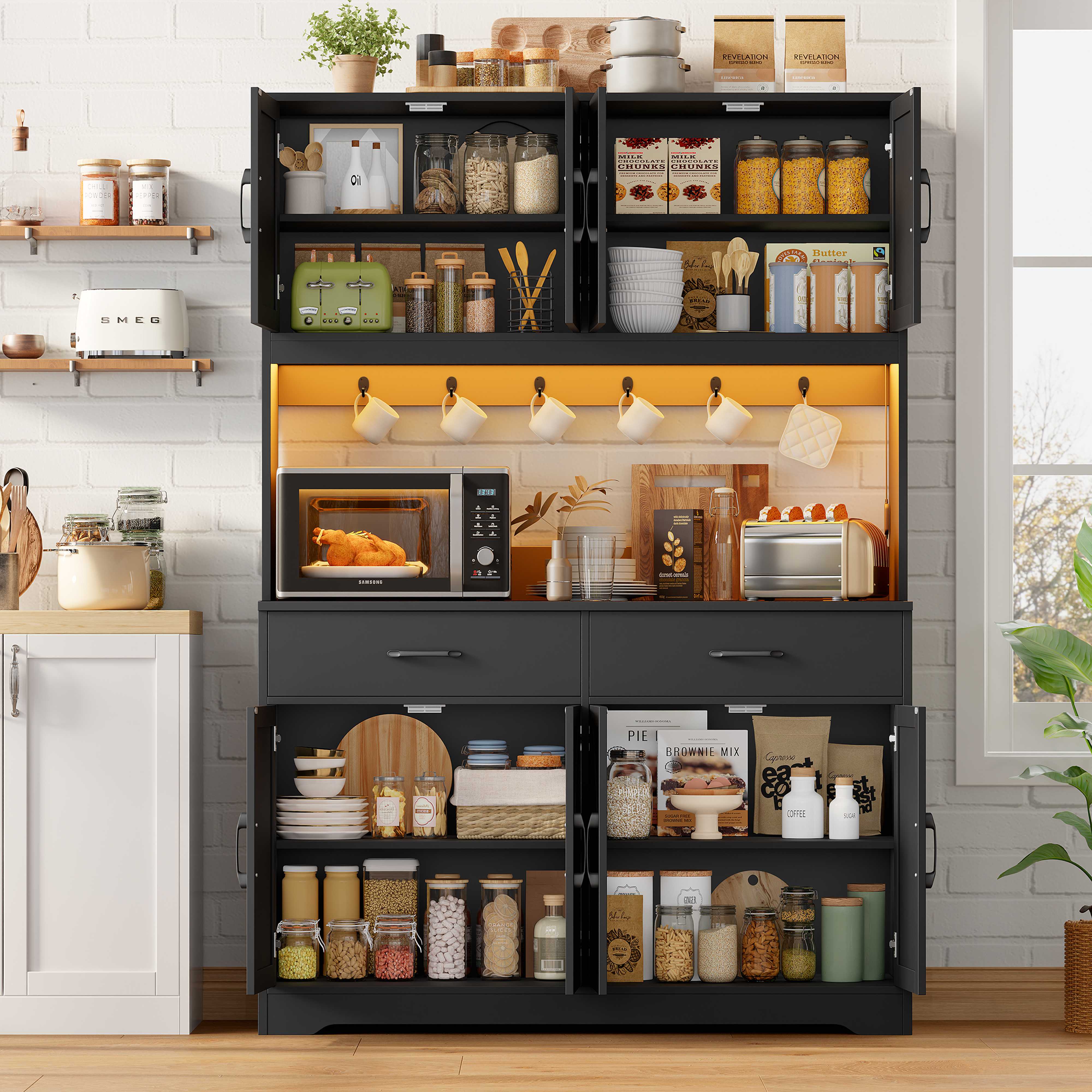 Hiphuta 71" Tall Kitchen Pantry Storage Cabinet with RGB LED and 6 Metal Hooks, Farmhouse Coffee Bar Cabinet with Charging Station, Buffet with Hutch and Microwave Stand, Black