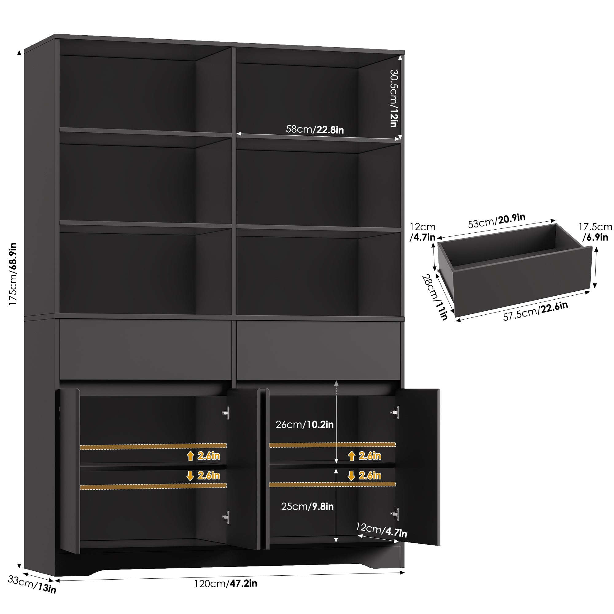 Hiphuta 69"H Modern Bookcases with Doors & Drawers, Large Wooden Display Shelf for Home Office, Wooden Storage Bookshelf for Living Room, Black