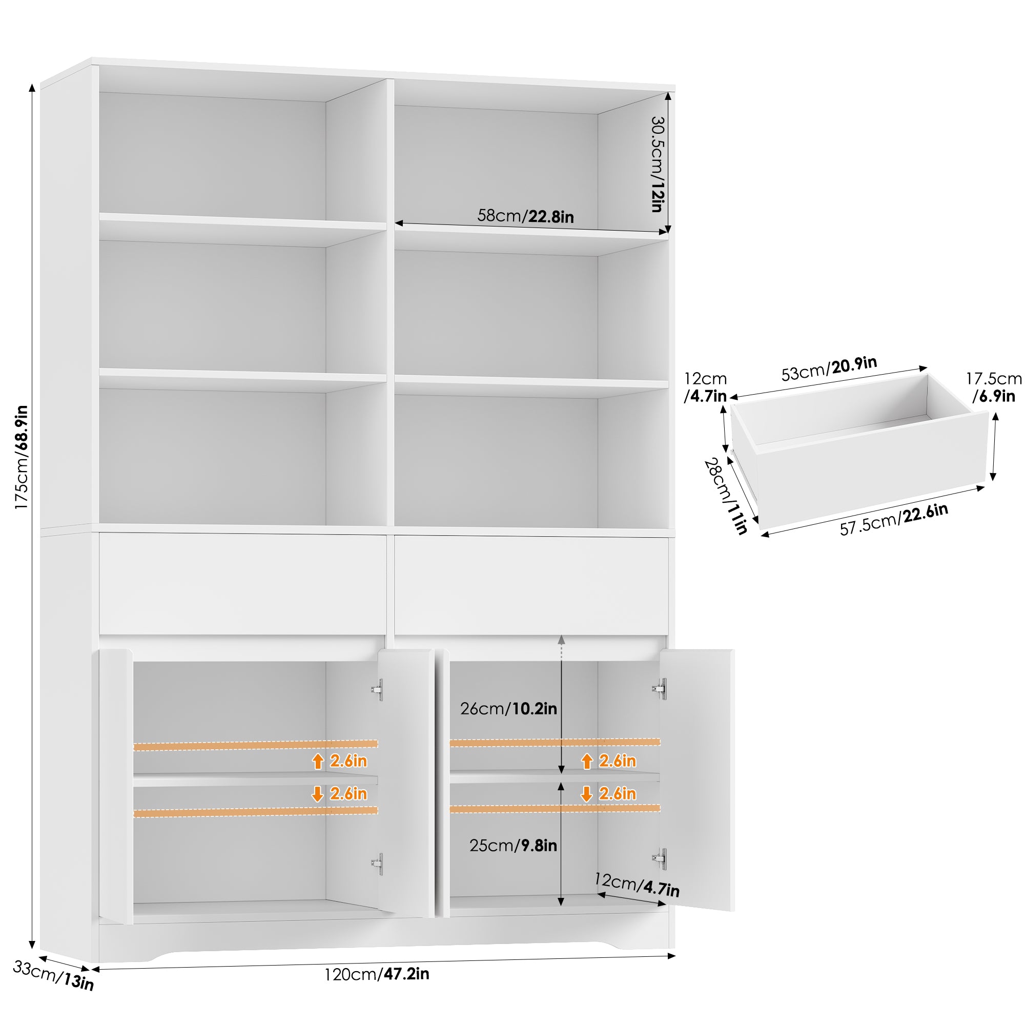 Hiphuta 69"H Modern Bookcases with Doors & Drawers, Large Wooden Display Shelf for Home Office, Wooden Storage Bookshelf for Living Room, White