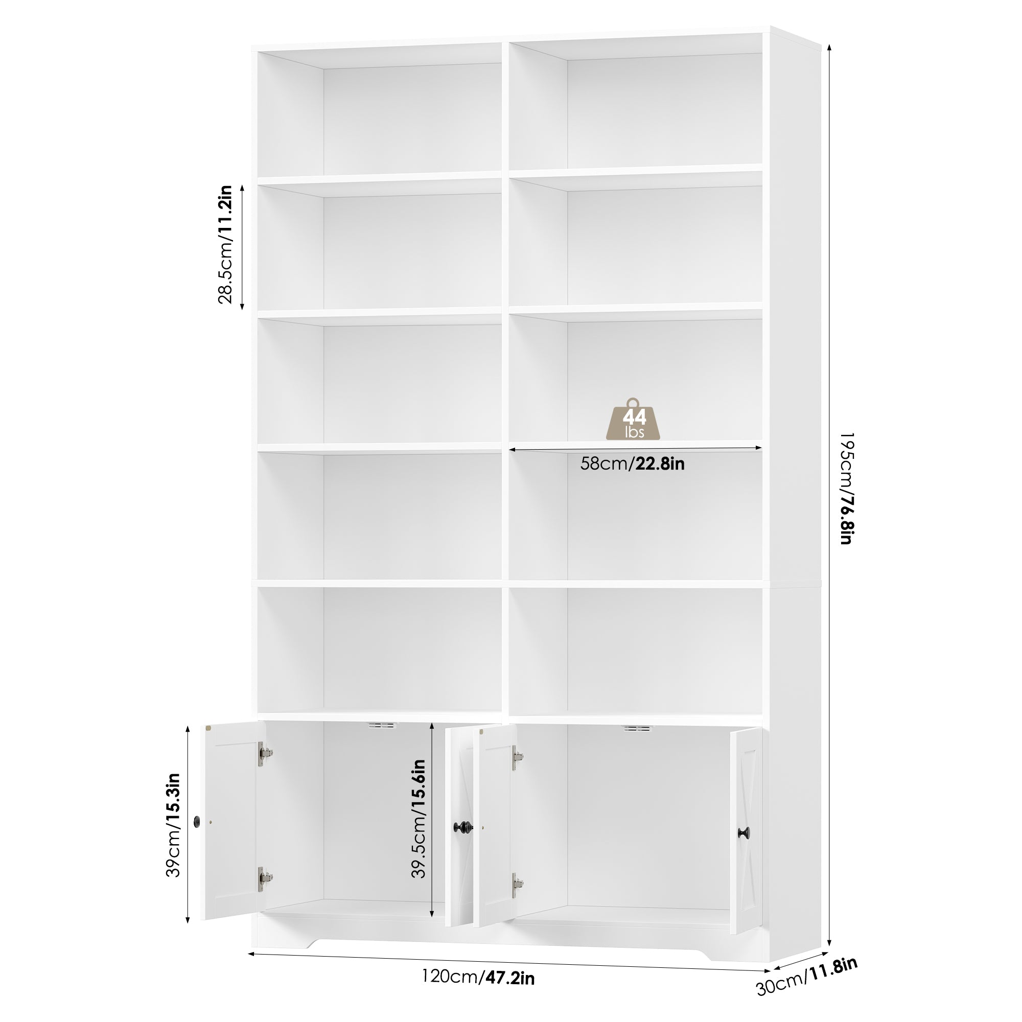 Hiphuta 78"H x 47"W Bookcase with Doors, Tall Bookshelves with Storage, 5-Tier Shelves Freestanding Display Bookcase for Home Office and Living Room, White