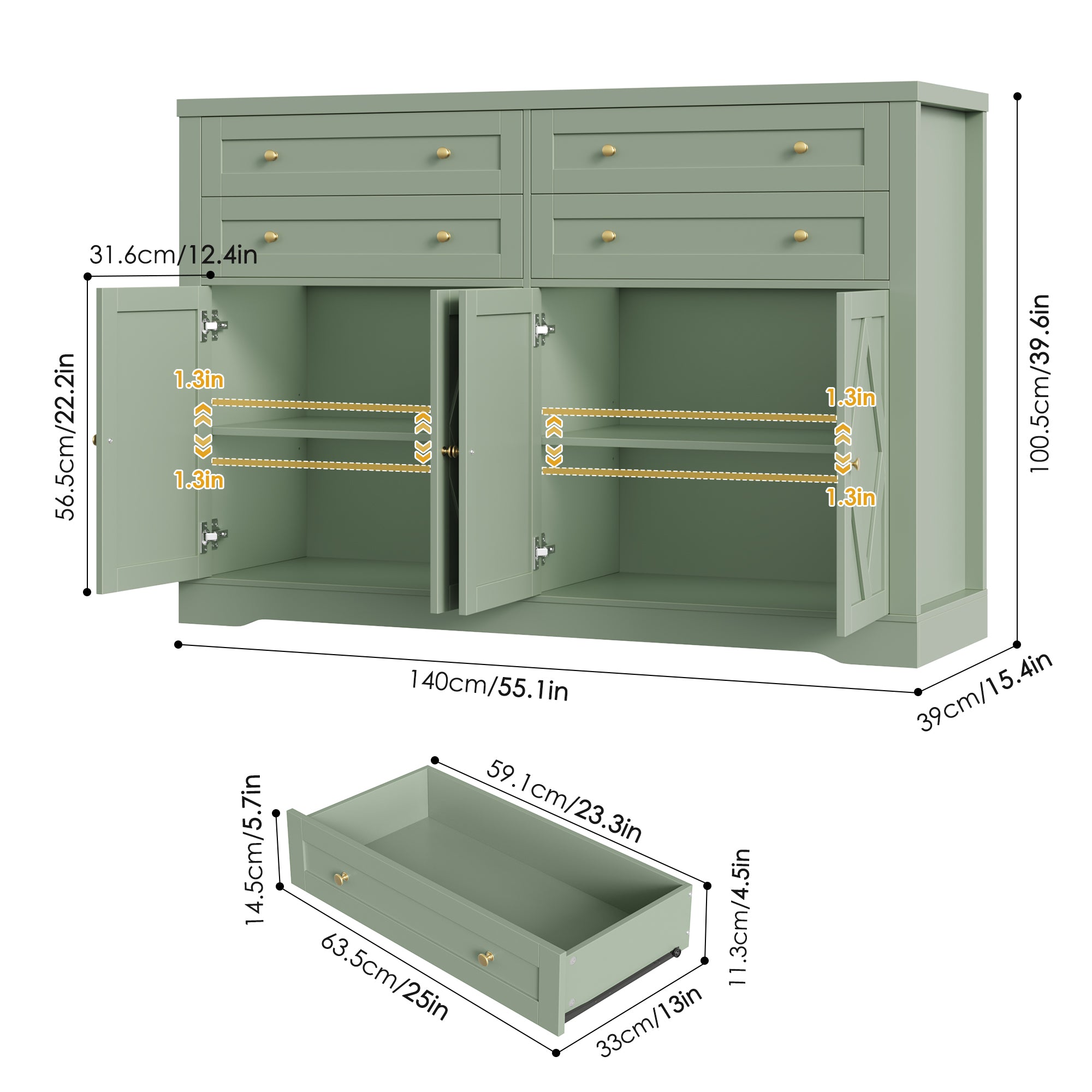 Hiphuta 55" Wide Coffee Bar with 2 Adjustable Shelves, Modern Farmhouse Sideboard Buffet with 4 Drawers for Living Room, Green