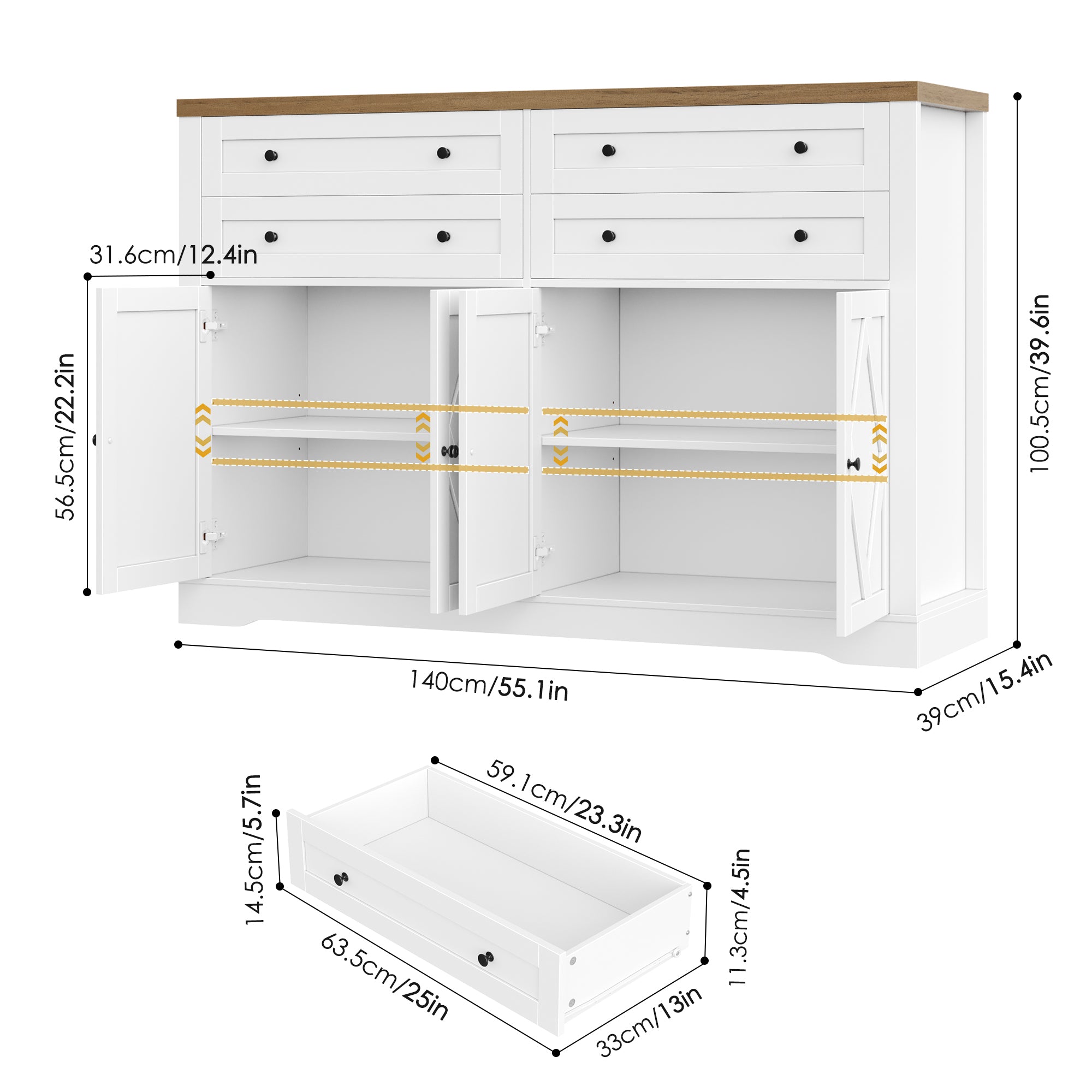 Hiphuta 55" Wide Farmhouse Buffet Storage Cabinets with 2 Adjustable Shelves & 4 Drawers for Living Room, White