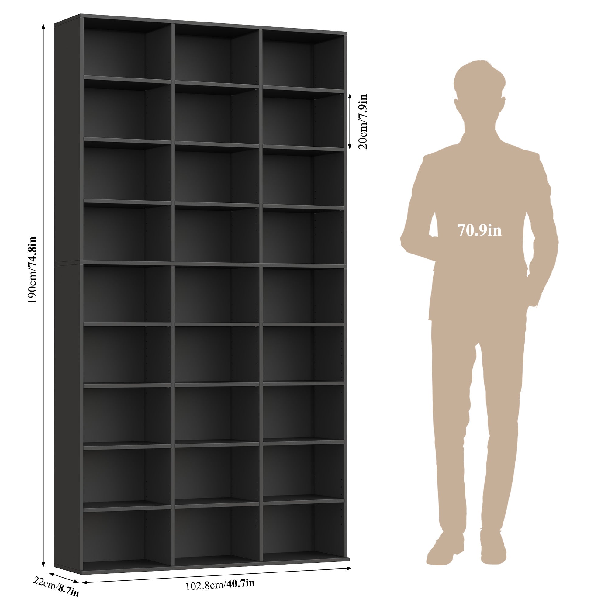 Hiphuta 27-Cube 9-Tier Bookcase, 75" Tall Triple-Wide CD Media Storage Organizer with 15 Adjustable Shelves, Freestanding Display Shelf, Black