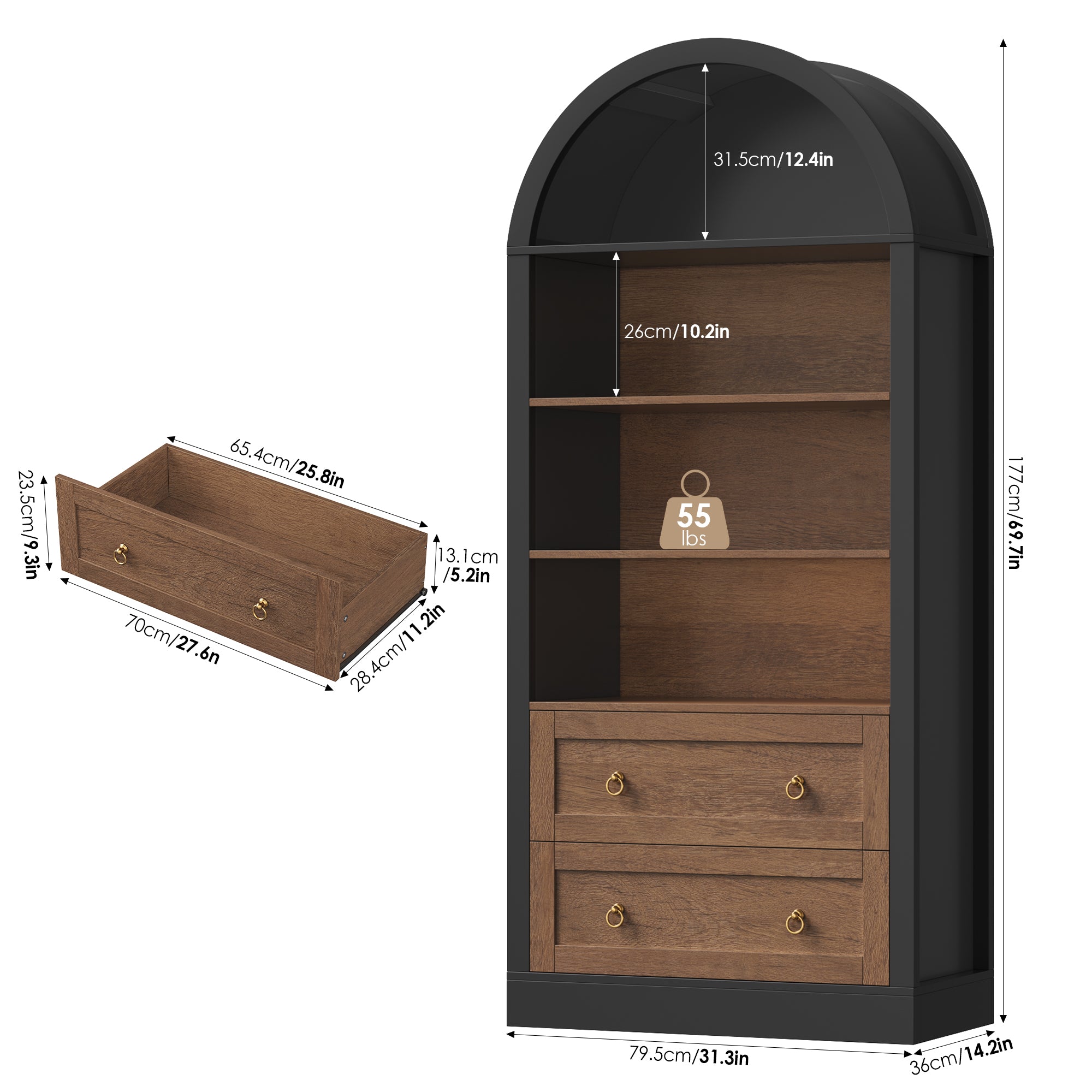 Hiphuta 70"Tall Arched Bookshelf, 4-Tier Bookcase with 2 Large Drawers, Wooden Display Shelf with Storage for Living Room Home Office, Black & Oak