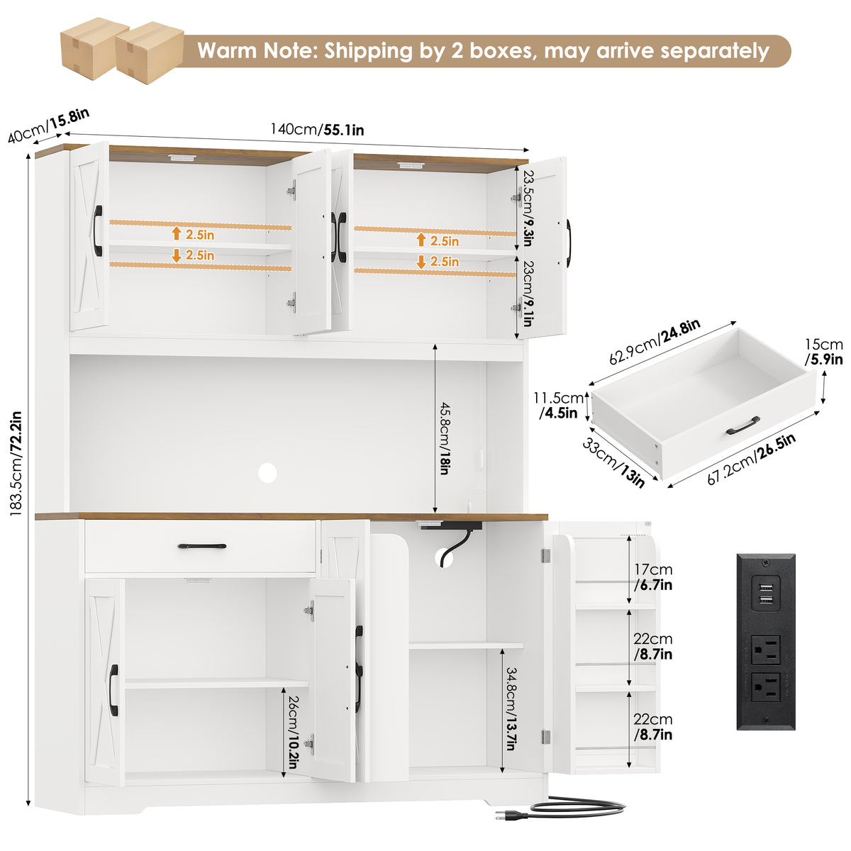 Hiphuta Large Kitchen Pantry Storage Cabinet with 8 Doors, Farmhouse Hutch Cabinet with RGB LED and Cup holders, White