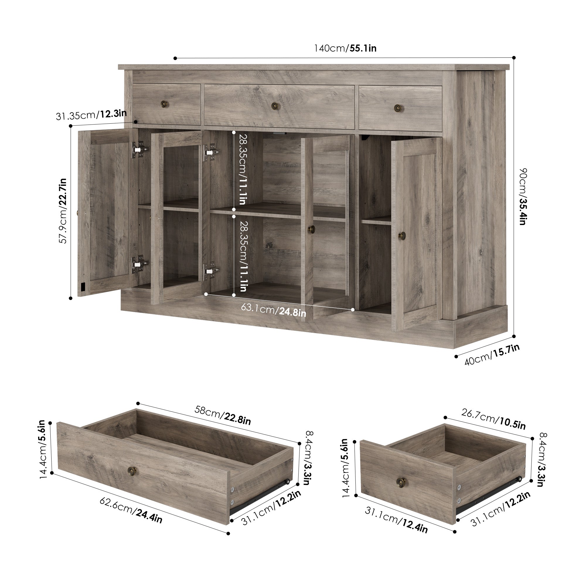 Hiphuta 55” Large Buffet Sideboard, Farmhouse Wood Credenza Cabinet with 3 Drawers & 2 Glass Doors, Rustic Brown