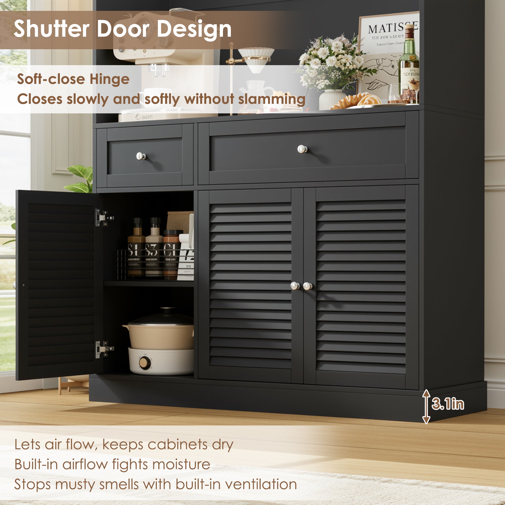 Hiphuta 70” Tall Modern Pantry Cabinet with Adjustable Shelves, Freestanding Kitchen Hutch Cabinet with Louvered Door for Dining Room, Black