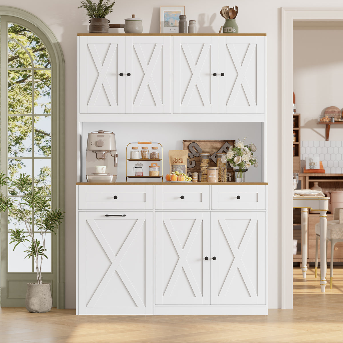 Hiphuta 73” Tall Kitchen Pantry Cabinet Fits 13 Gallon Trash Can Cabinet, Farmhouse Kitchen Storage Hutch with Pull Out Trash Can Storage for Dining Room Living Room, White
