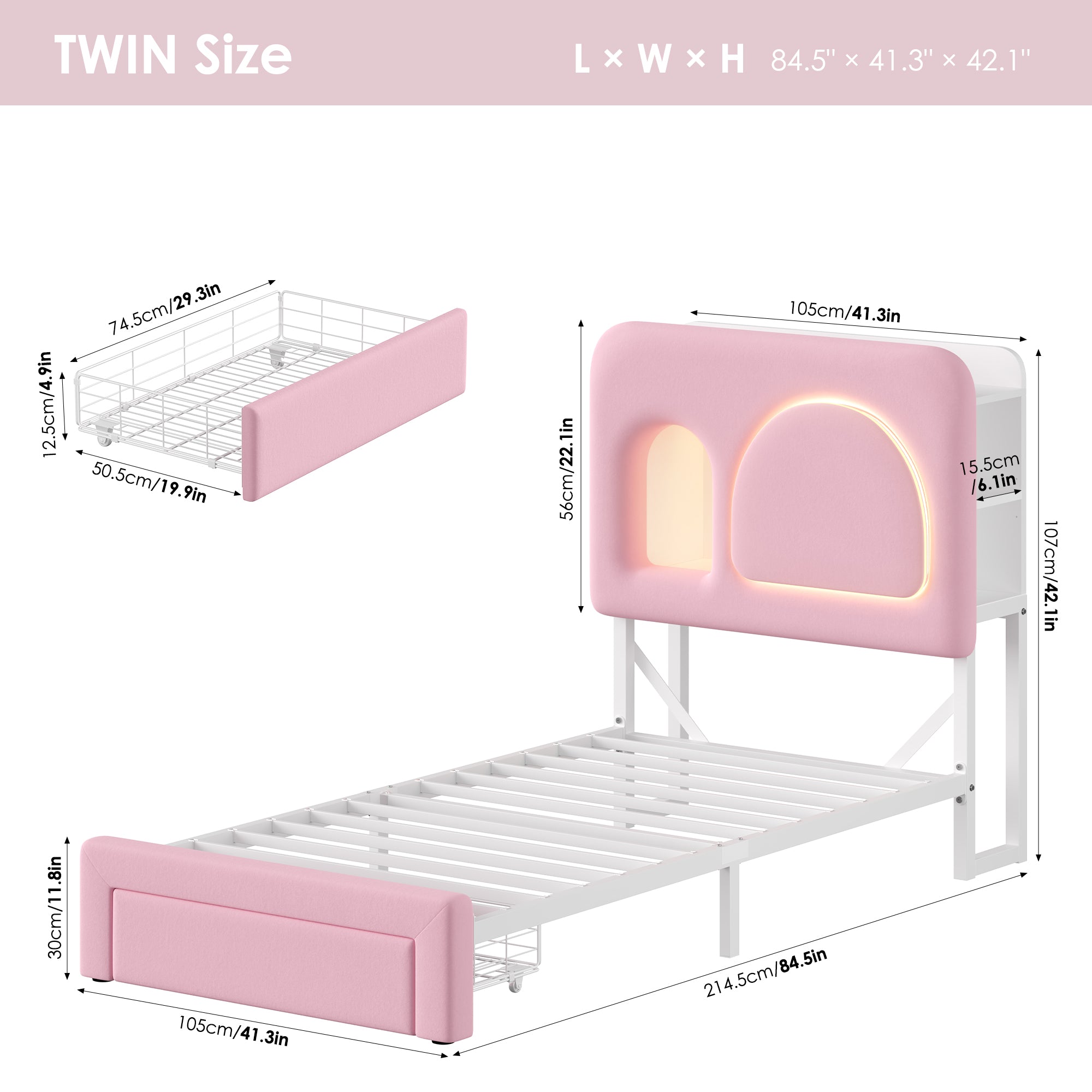 Hiphuta Twin Size Bed Frame with RGB LED and Power Outlets, Velvet Upholstered Platform Bed with Drawer and Side Storage, Pink