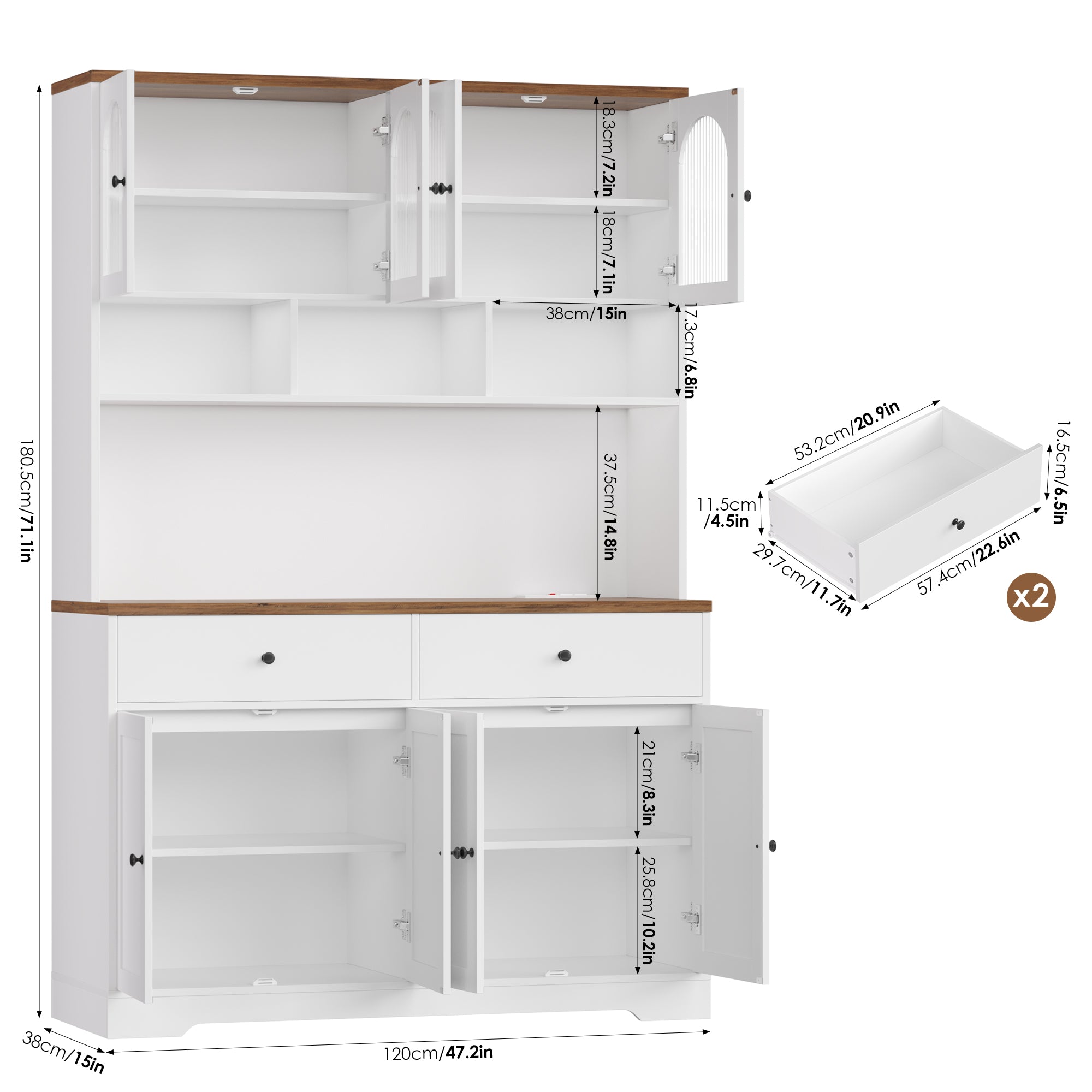 Hiphuta 71" Tall Pantry Cabinet with Arched Glass Doors, 47" Wide Kitchen Storage Cabinet with Microwave Stand & Charging Station, Hutch Cupboard for Kitchen Dining Room, White