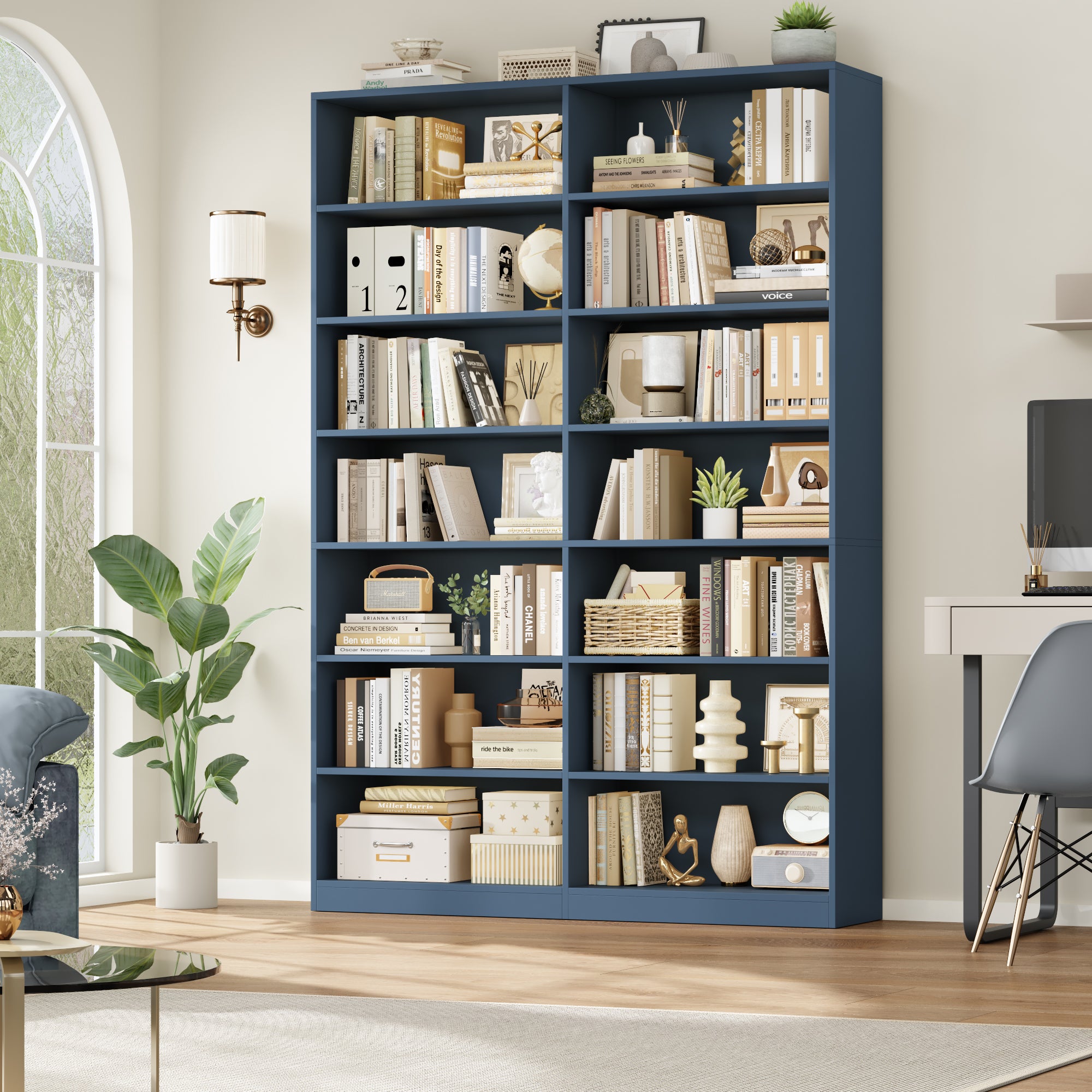 Hiphuta 84"H Wooden Double 7-Tier Tall Bookcase, Standard Bookcase for Living Room and Office, Freestanding Display Storage Shelves, Blue