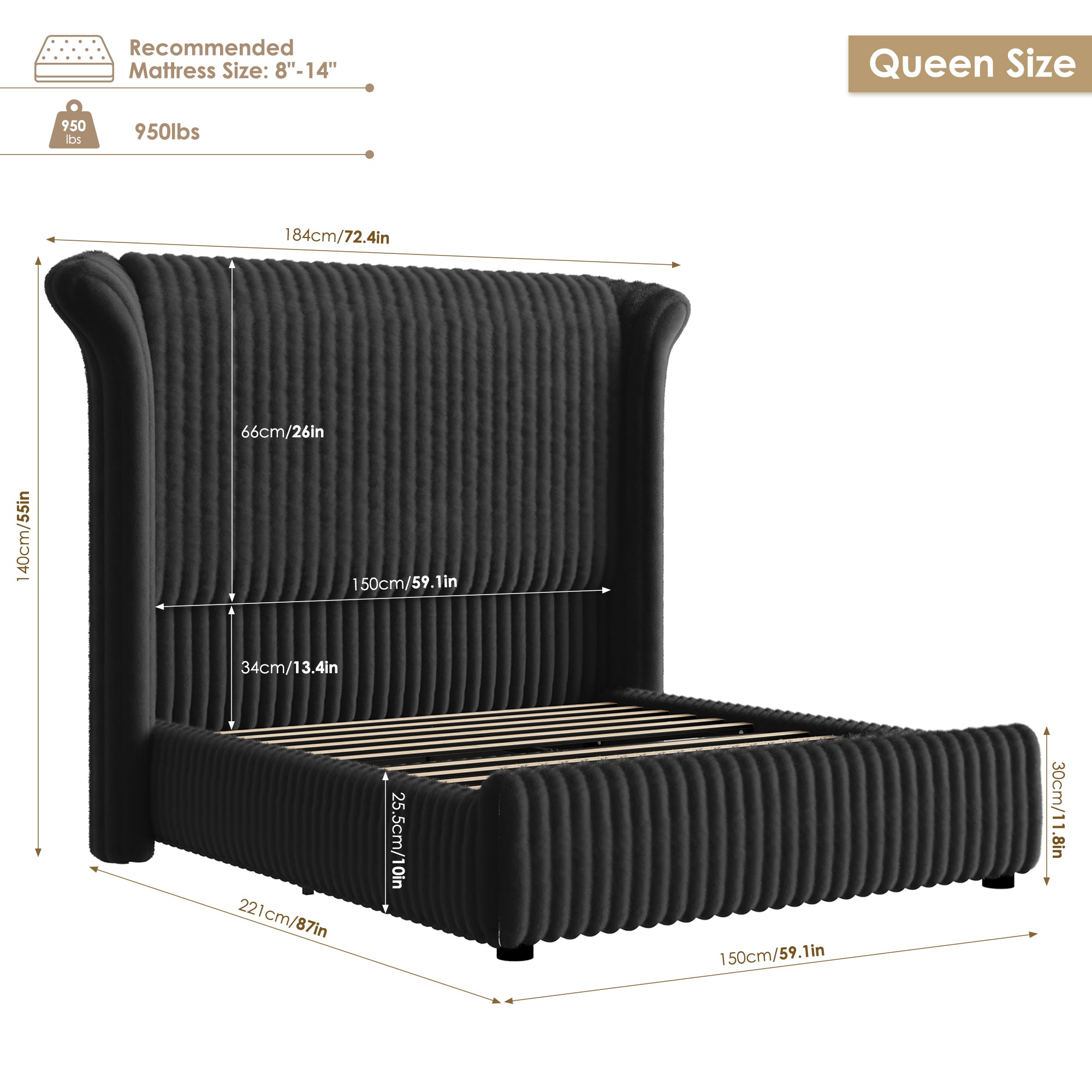 Hiphuta Modern Queen Size Corduroy Upholstered Bed Frame, LED Platform Bed Frame with 55"H Vertical Stripe Tufted Corduroy Velvet Wingback Headboard, Black