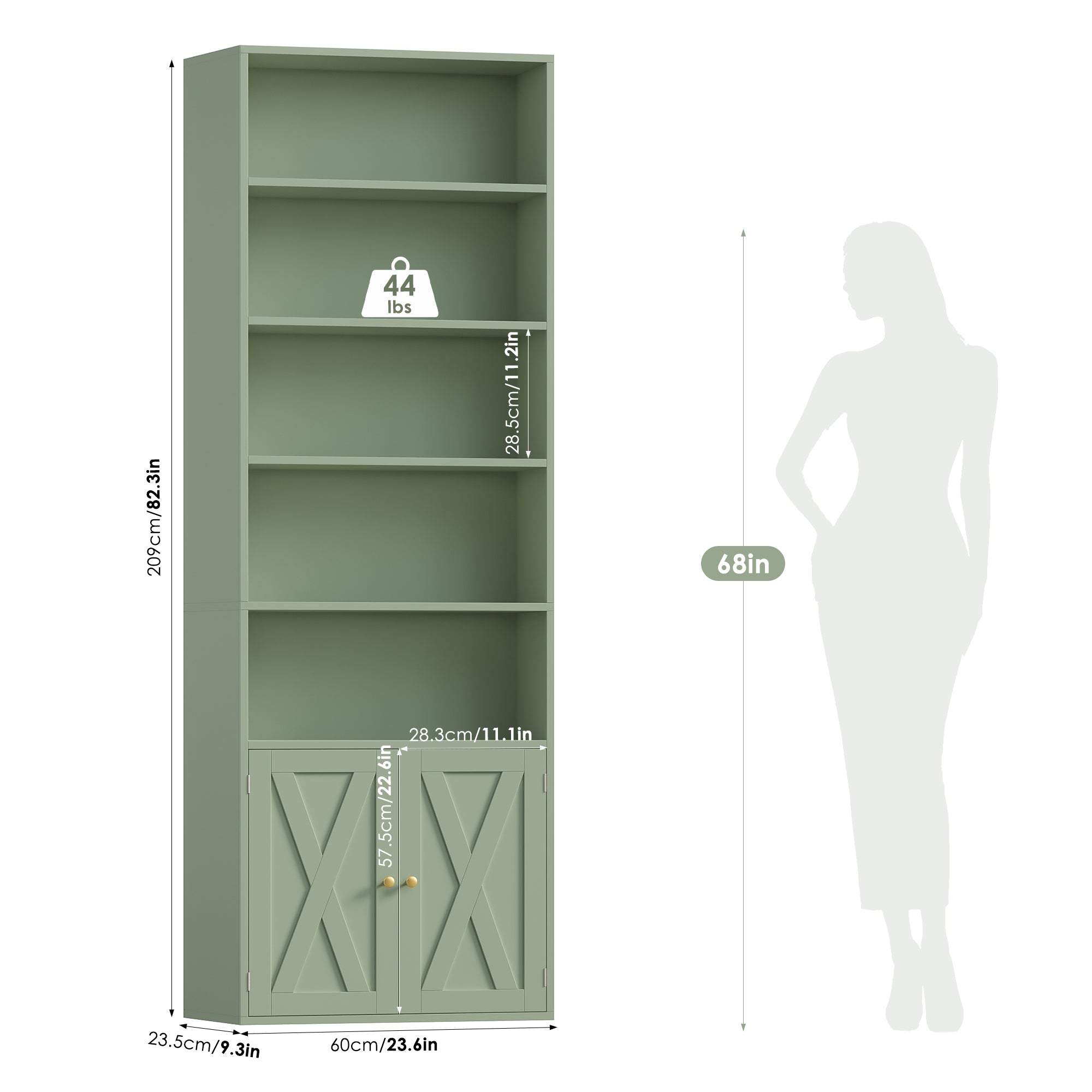 Hiphuta 81.5" Tall Bookcase with Doors, 5-Tier Bookshelves with Storage, 23.6"W Display Shelf with 2 Doors for Home Office, Living Room, Green