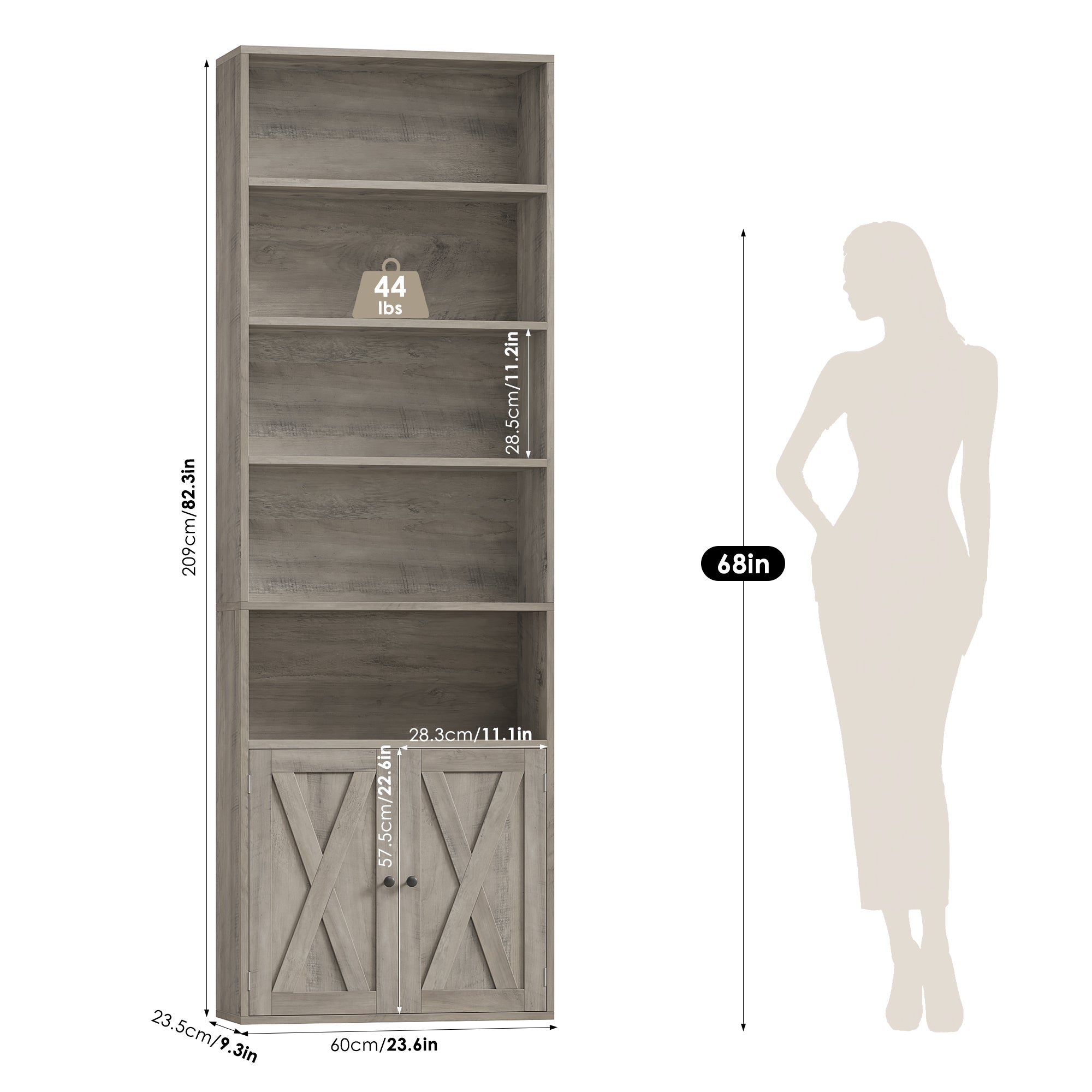 Hiphuta 81.5" Tall Bookcase with Doors, 5-Tier Bookshelves with Storage, 23.6"W Display Shelf with 2 Doors for Home Office, Living Room, Ash Gray