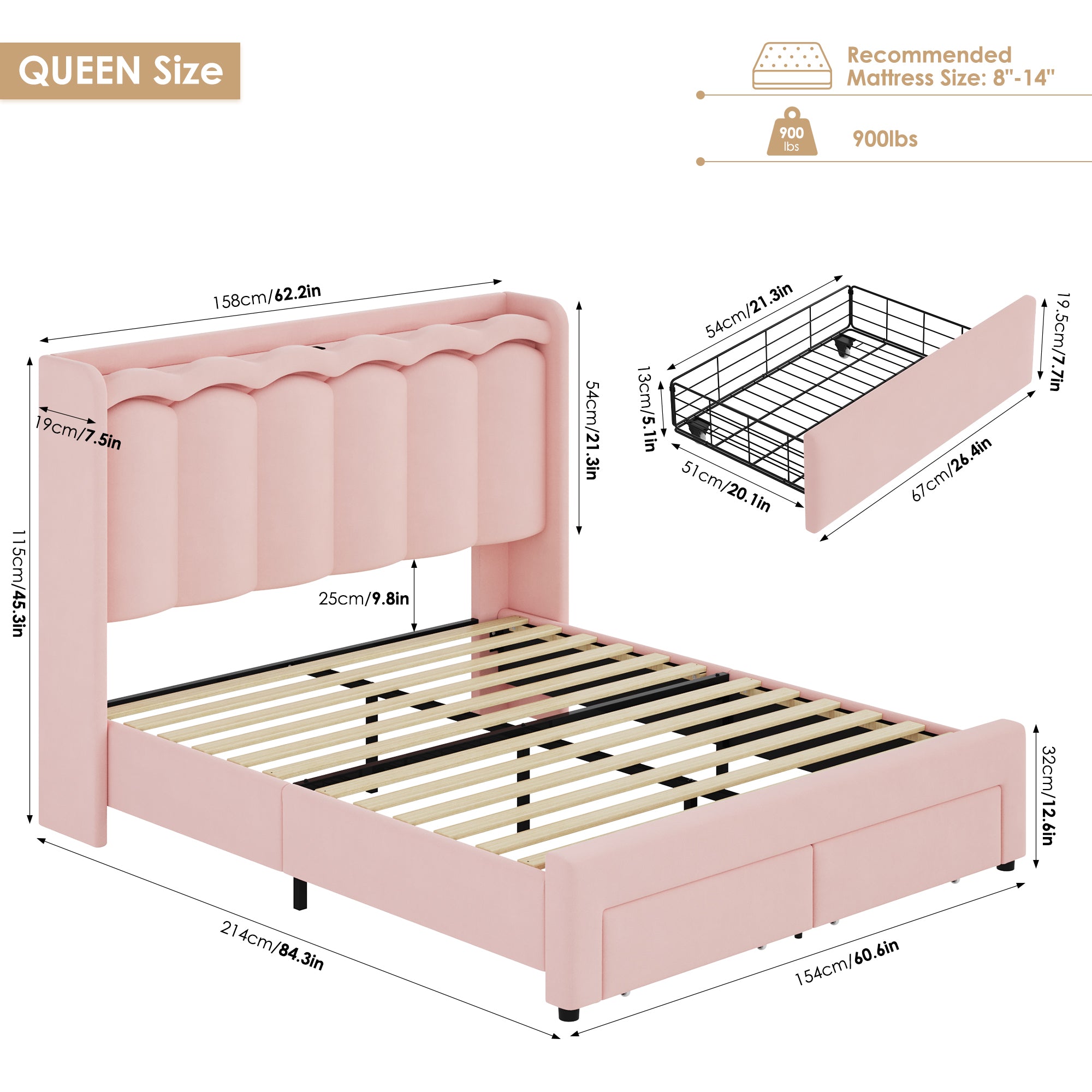 Hiphuta Queen Size Bed with Power Outlet & LED, Upholstered Velvet Beds with Drawer, Queen Beds with Headboard Storage, Pink