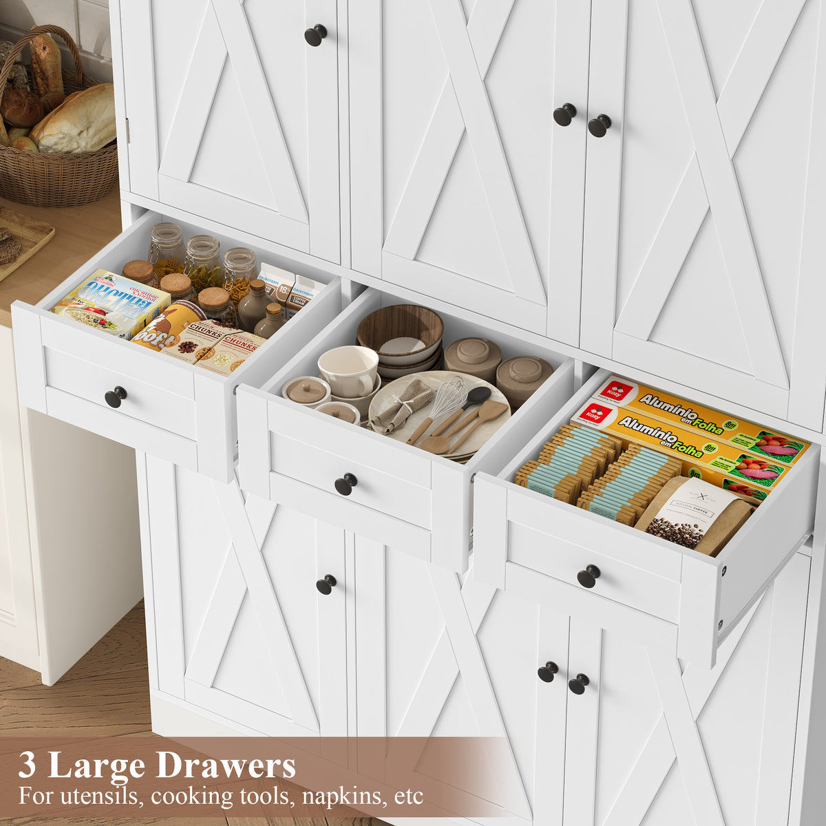 Hiphuta Farmhouse Kitchen Pantry Cabinet with Doors, Large Pantry Stroage Cabinet for Kitchen Dining Room, White