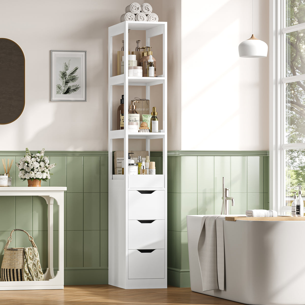 Hiphuta Bathroom Storage Tower with 3 Drawers, 67" Tall Bathroom Cabinet with 3-Tier Open Shelves, Narrow Linen Cabinet for Small Spaces, White