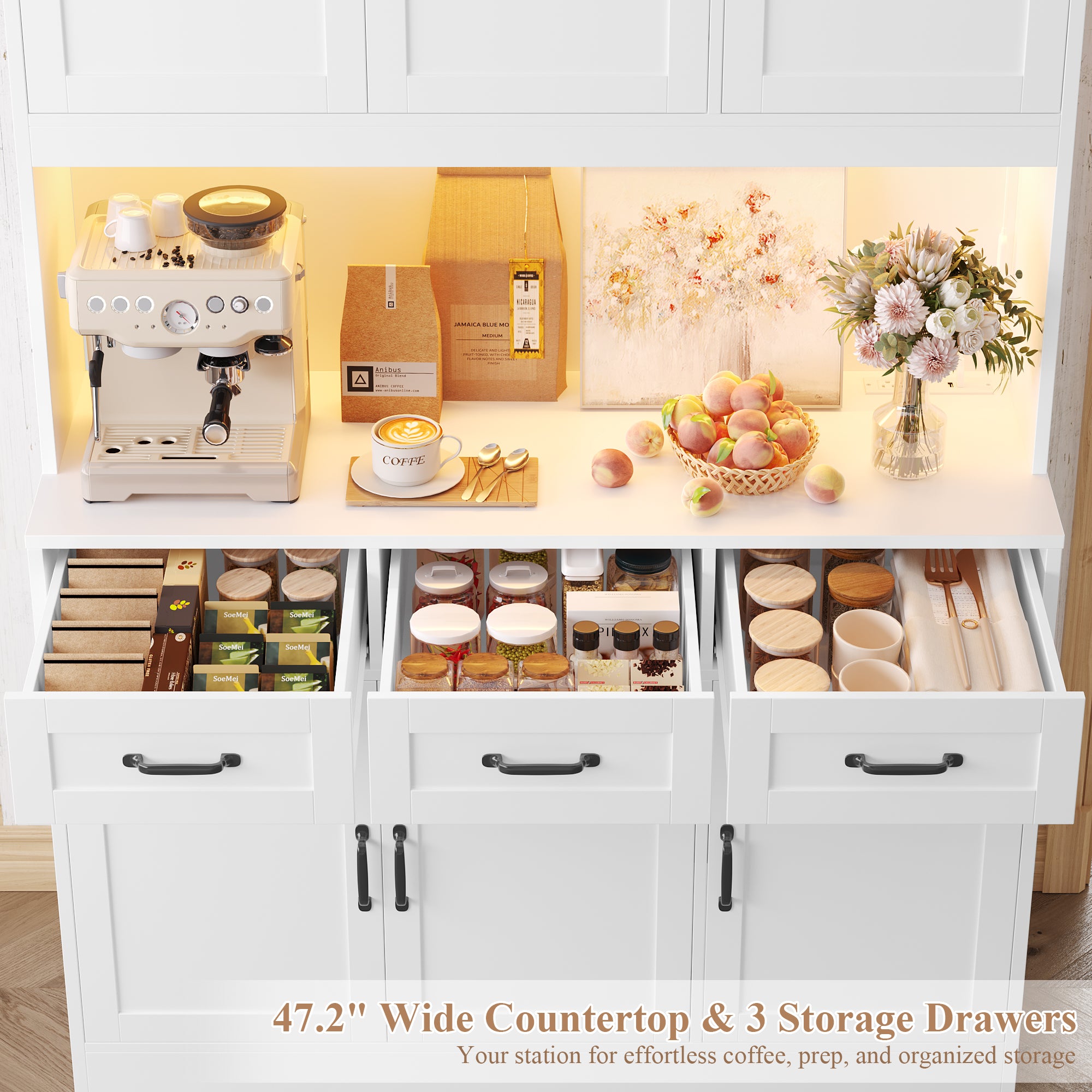 Hiphuta 72" Tall Kitchen Pantry Storgae Cabinet with RGB LED, Hutch Cabinet with Charging Station and Adjustable Shelves for Dining Room, White