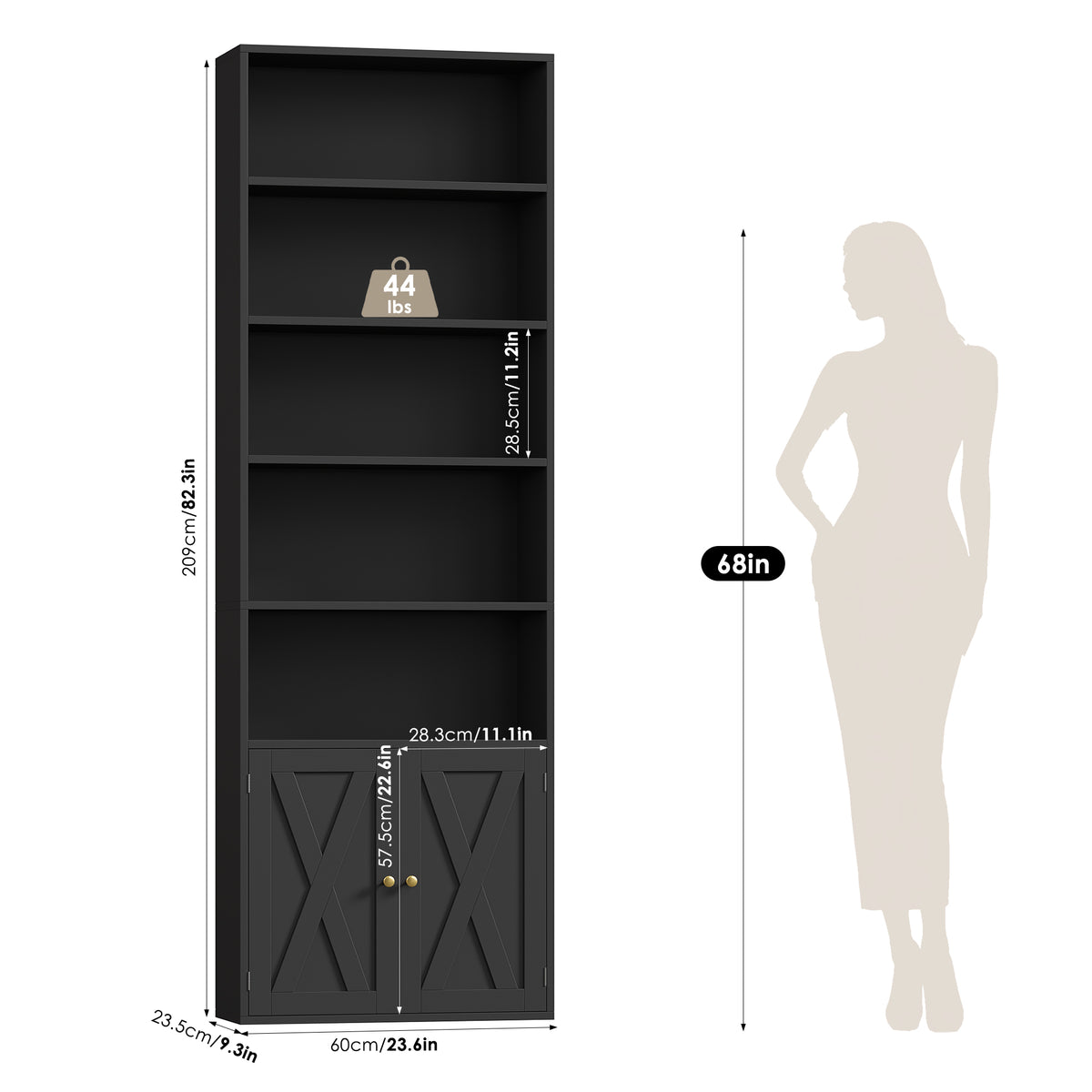 Hiphuta 81.5" Tall Bookcase with Doors, 5-Tier Bookshelves with Storage, 23.6"W Display Shelf with 2 Doors for Home Office, Living Room, Black
