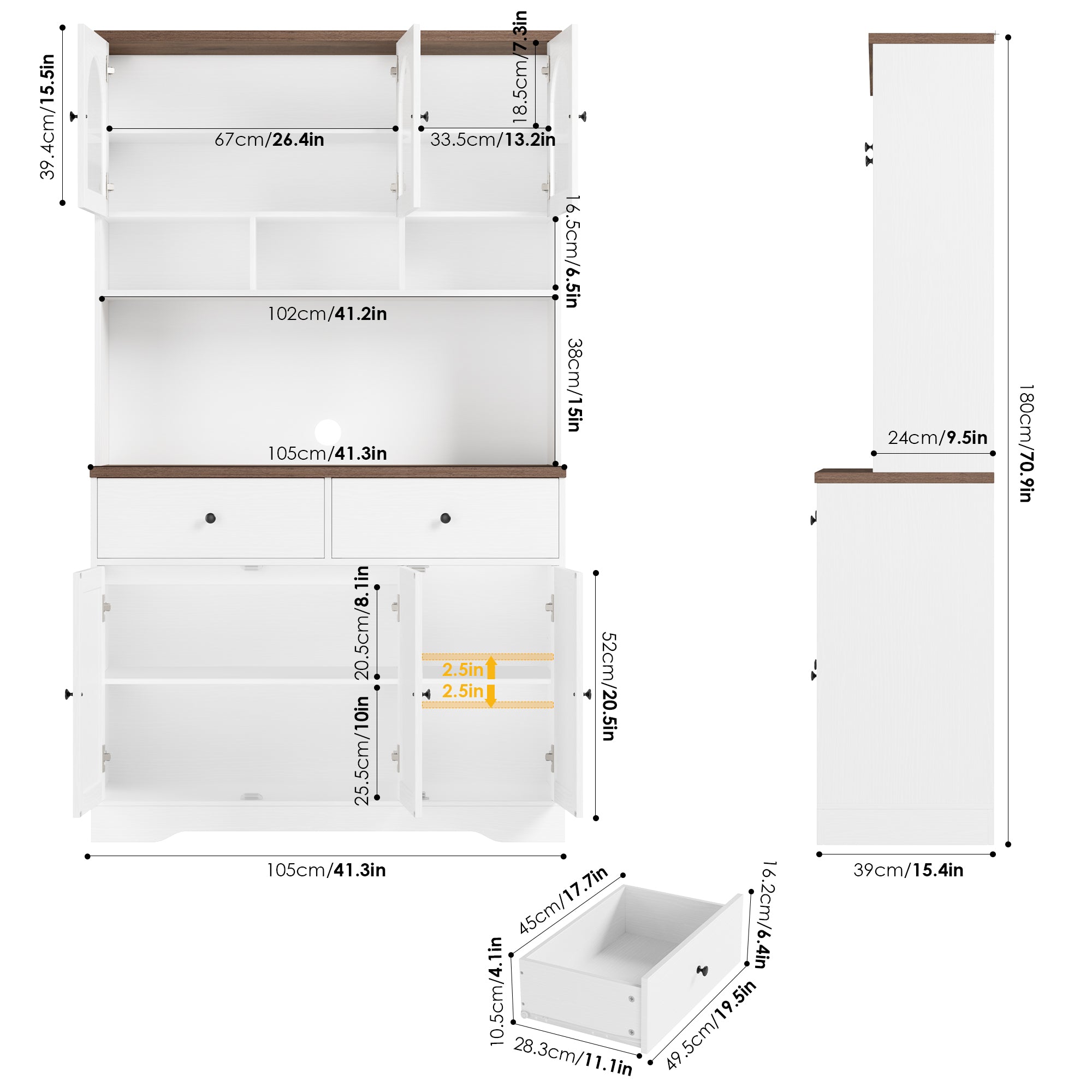 Hiphuta 71" Farmhouse Kitchen Pantry Storage Cabinet, Freestanding Hutch with Adjustable Shelves & Microwave Stand, Cupboard for Dining Room, White