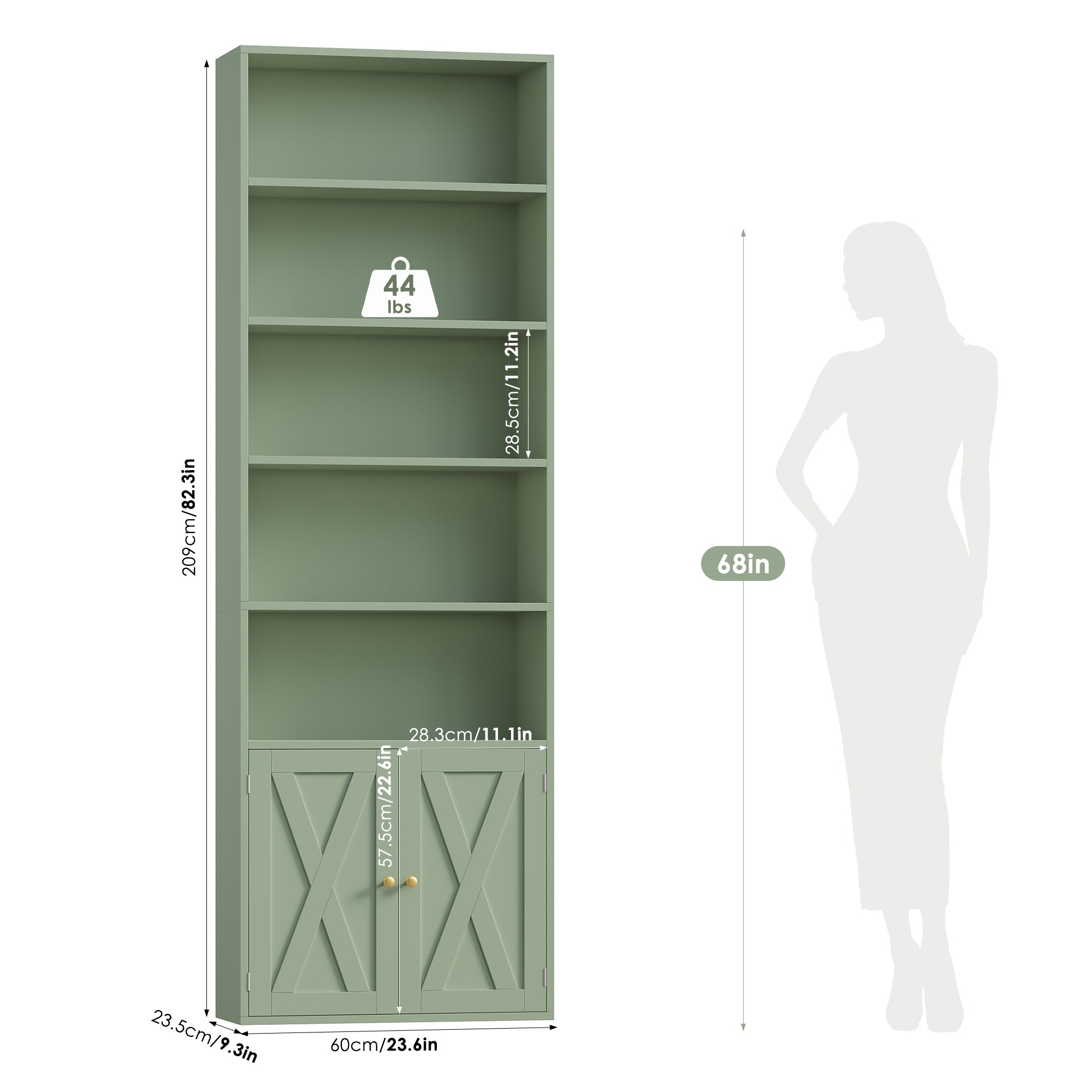 Hiphuta 81.5" Tall Bookcase with Doors, 5-Tier Bookshelves with Storage, 23.6"W Display Shelf with 2 Doors for Home Office, Living Room, Green