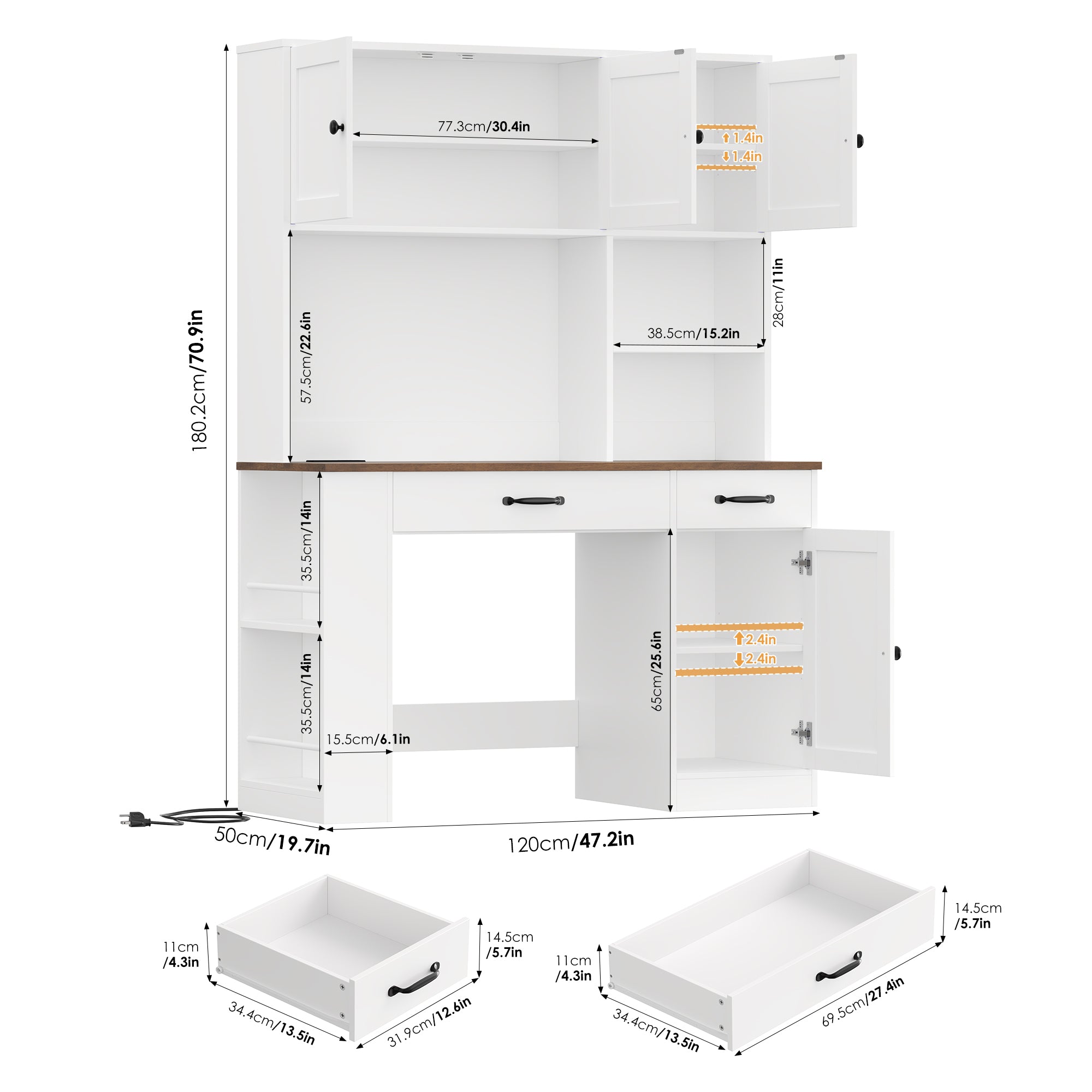 Hiphuta Desk with Hutch Bookshelf & LED Lights, All-in-One Home Office Desk with Charging Outlets and Adjustable Shelves, Study Desk Computer Desk with storage, White