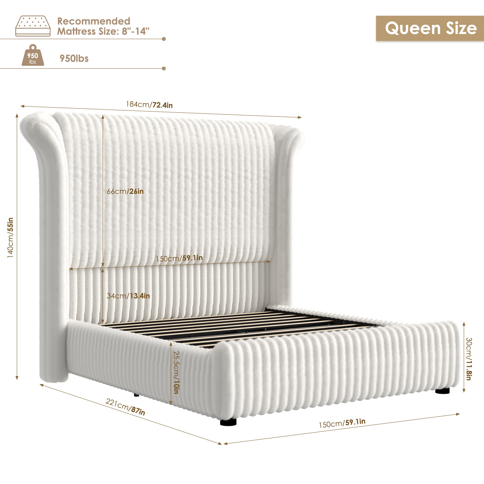 Hiphuta Modern Queen Size Corduroy Upholstered Bed Frame, LED Platform Bed Frame with 55"H Vertical Stripe Tufted Corduroy Velvet Wingback Headboard, White
