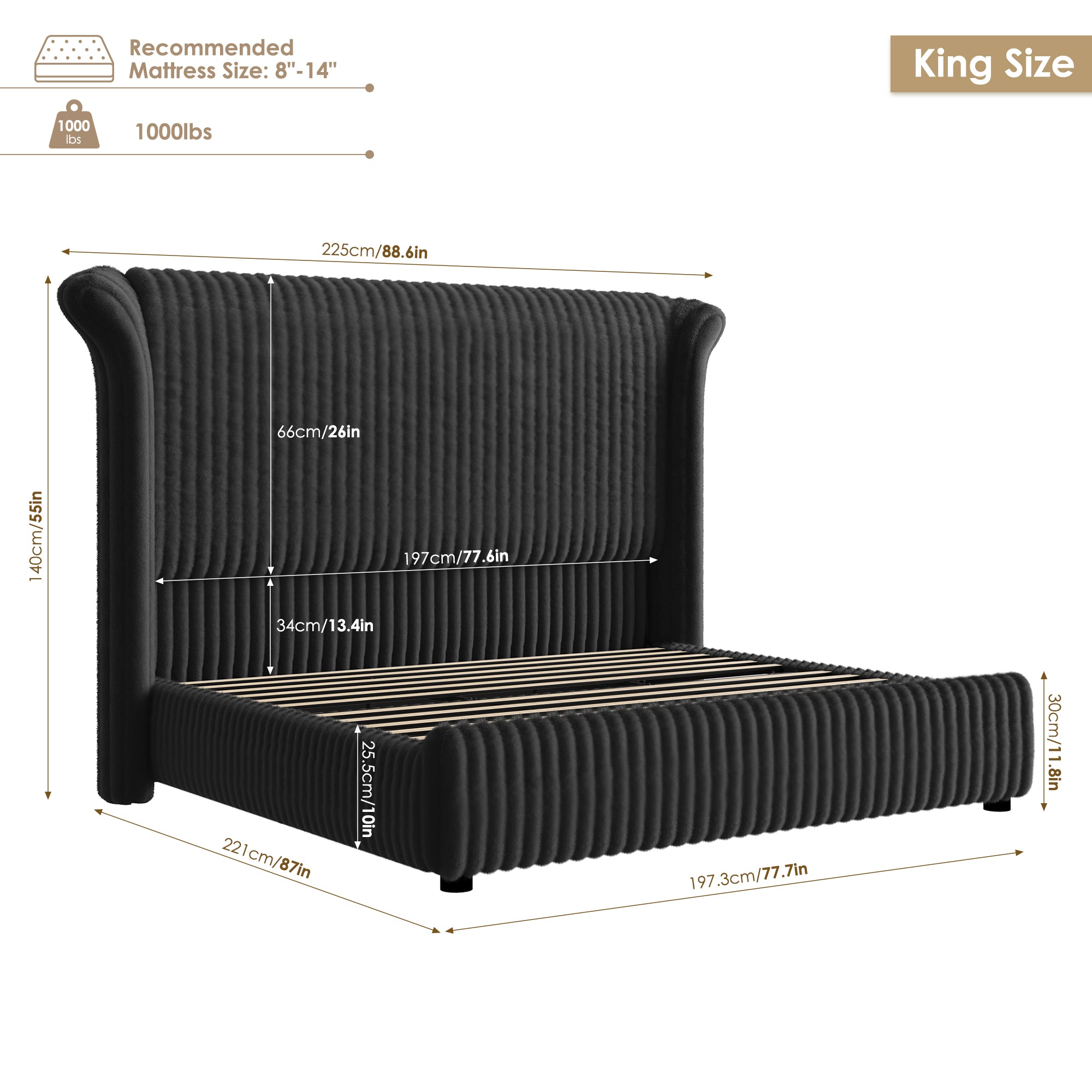 Hiphuta Modern Queen Size Corduroy Upholstered Bed Frame, LED Platform Bed Frame with 55"H Vertical Stripe Tufted Corduroy Velvet Wingback Headboard, Black