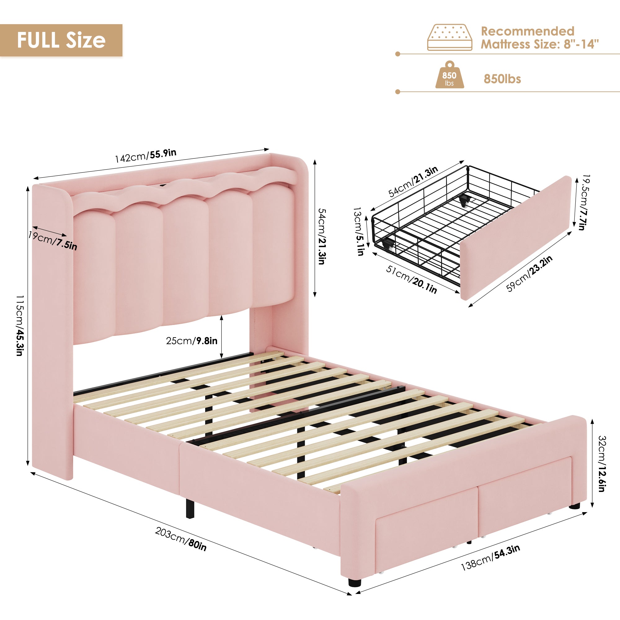 Hiphuta Full Size Bed with Power Outlet & LED, Upholstered Princess Beds with Drawer, Full Beds with Headboard Storage, Pink