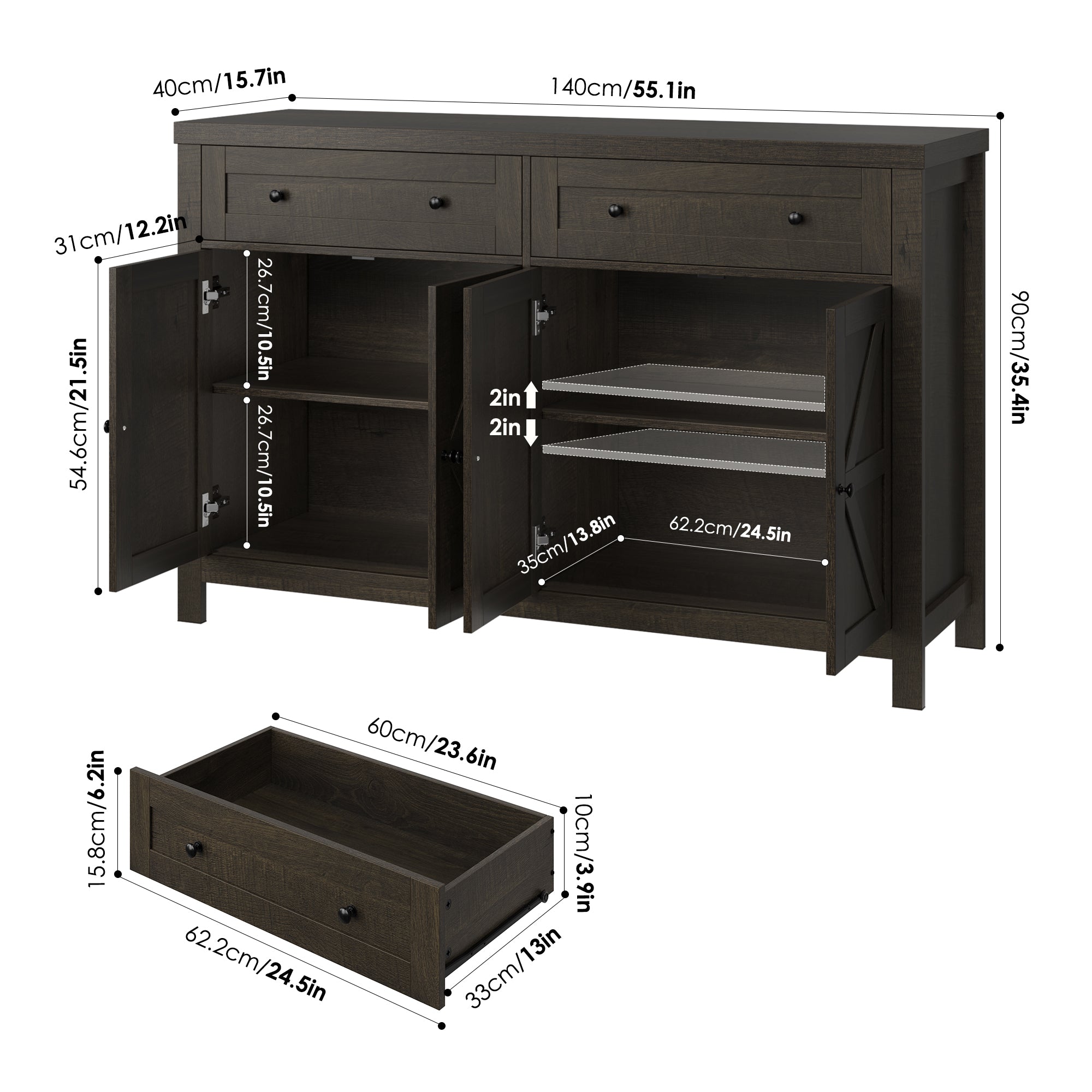 Hiphuta 55.1" Modern Sideboard Buffet, Credenza Storage Cabinets with Adjustable Shelf, 4-Doors & 2-Drawers, Dark Brown