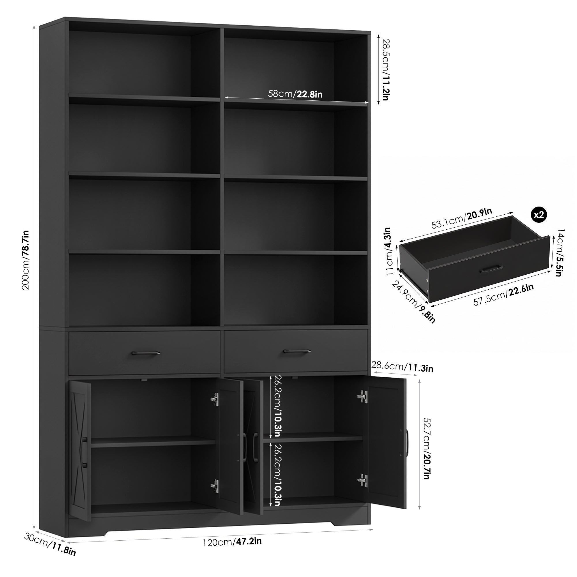 Hiphuta Bookcase with 3 Drawers, Large Farmhouse Bookshelf and Bookcase with Cabinet, Black