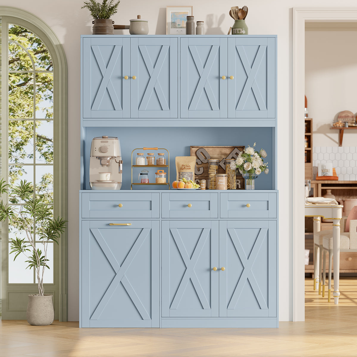 Hiphuta 73” Tall Kitchen Pantry Cabinet Fits 13 Gallon Trash Can Cabinet, Farmhouse Kitchen Storage Hutch with Pull Out Trash Can Storage for Dining Room Living Room, Light Blue