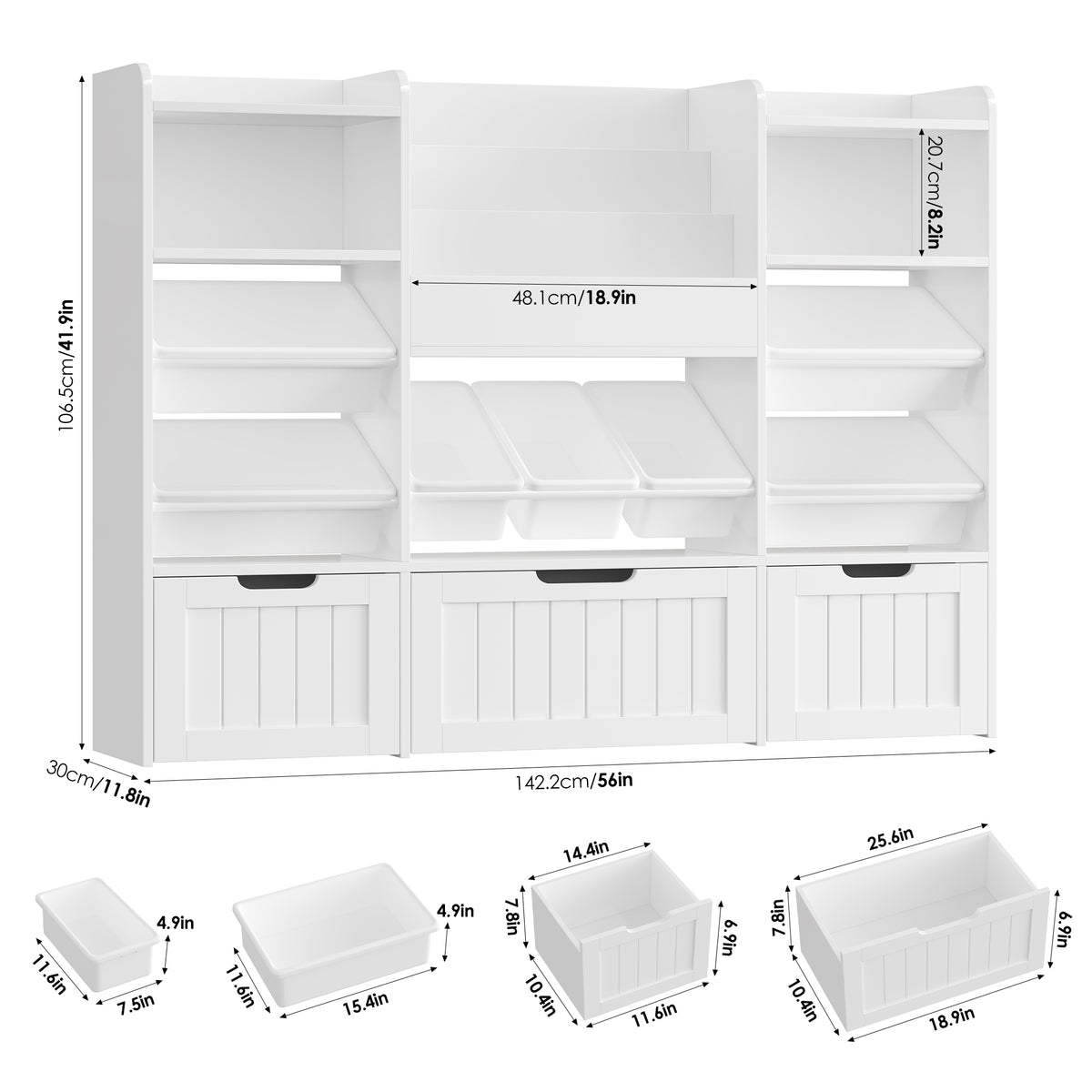 Hiphuta 56”W Kids Toy Storage Organizer with Bookshelf, 3 Removable Drawers & 7 Toy Boxes, Large Wood Toy Organizer for Playroom, Bedroom & Living Room, White