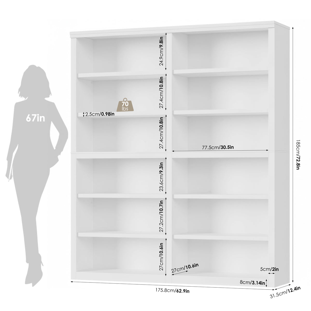 Hiphuta 63"W Extra Large and Sturdy Bookcase, Double Wide 6-Tier Bookshelf, For Home Office and Living Room, Wooden Freestanding Display Shelf, White