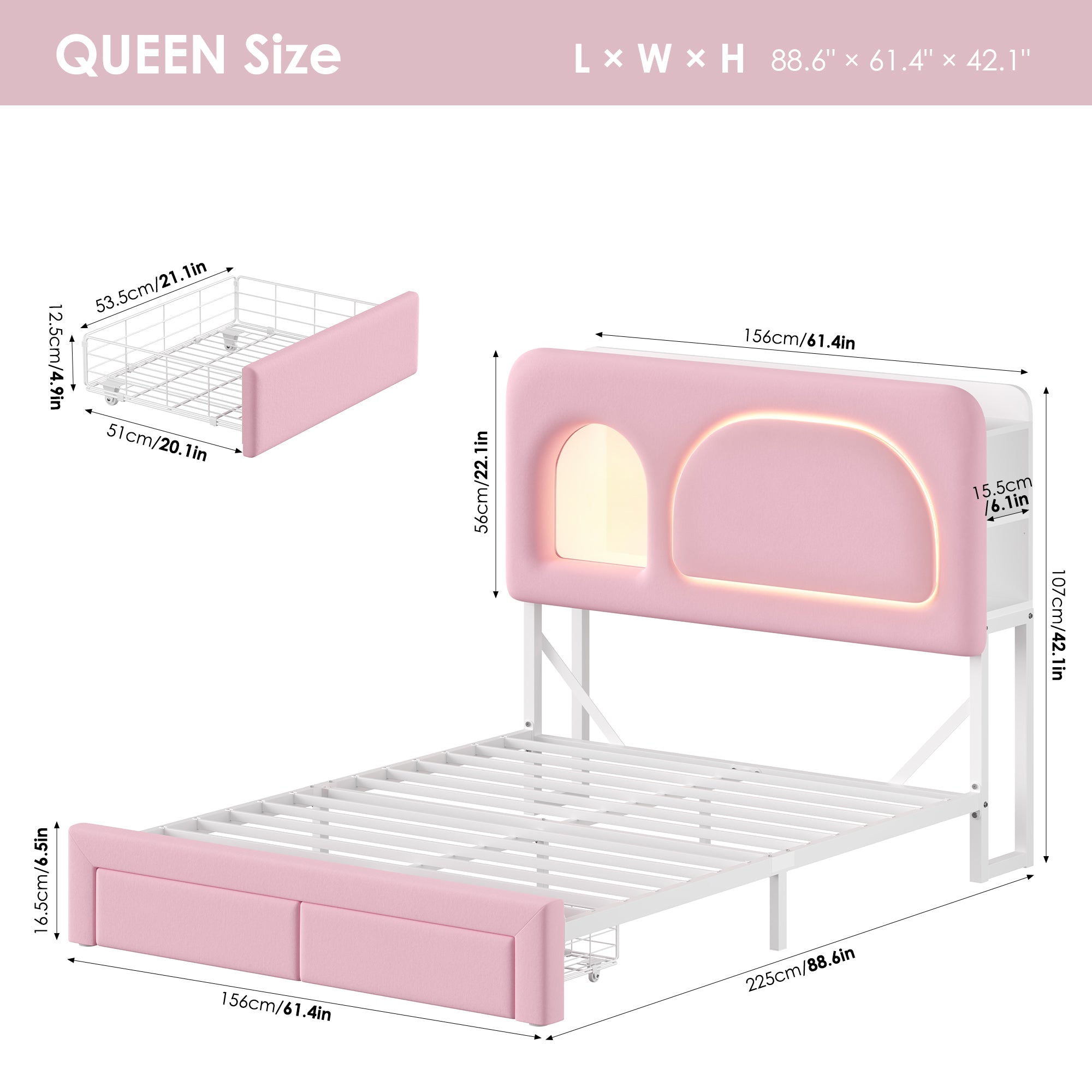 Hiphuta Queen Size Bed Frame with RGB LED and Power Outlets, Velvet Upholstered Platform Bed with Drawers and Side Storage, Pink