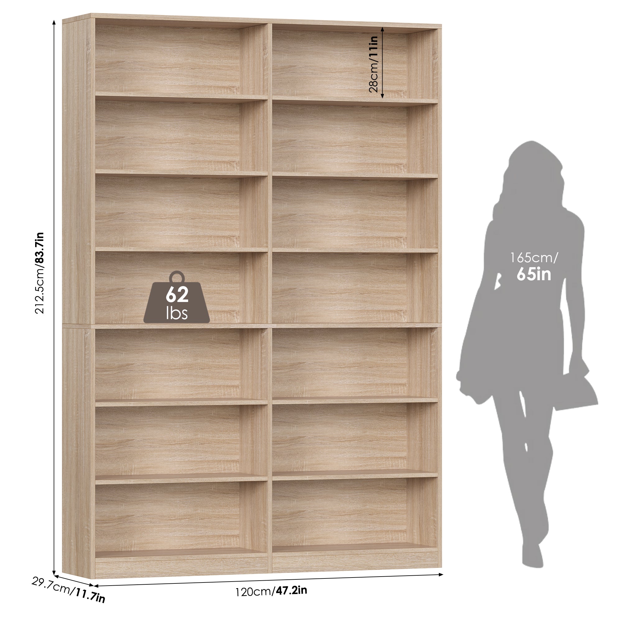 Hiphuta 83.6"H x 47.2"W Wood Double 7-Tier Standard Bookcase, Tall Bookcase for Bedroom, Living Room and Office, Freestanding Display Storage Shelves, Light Oak